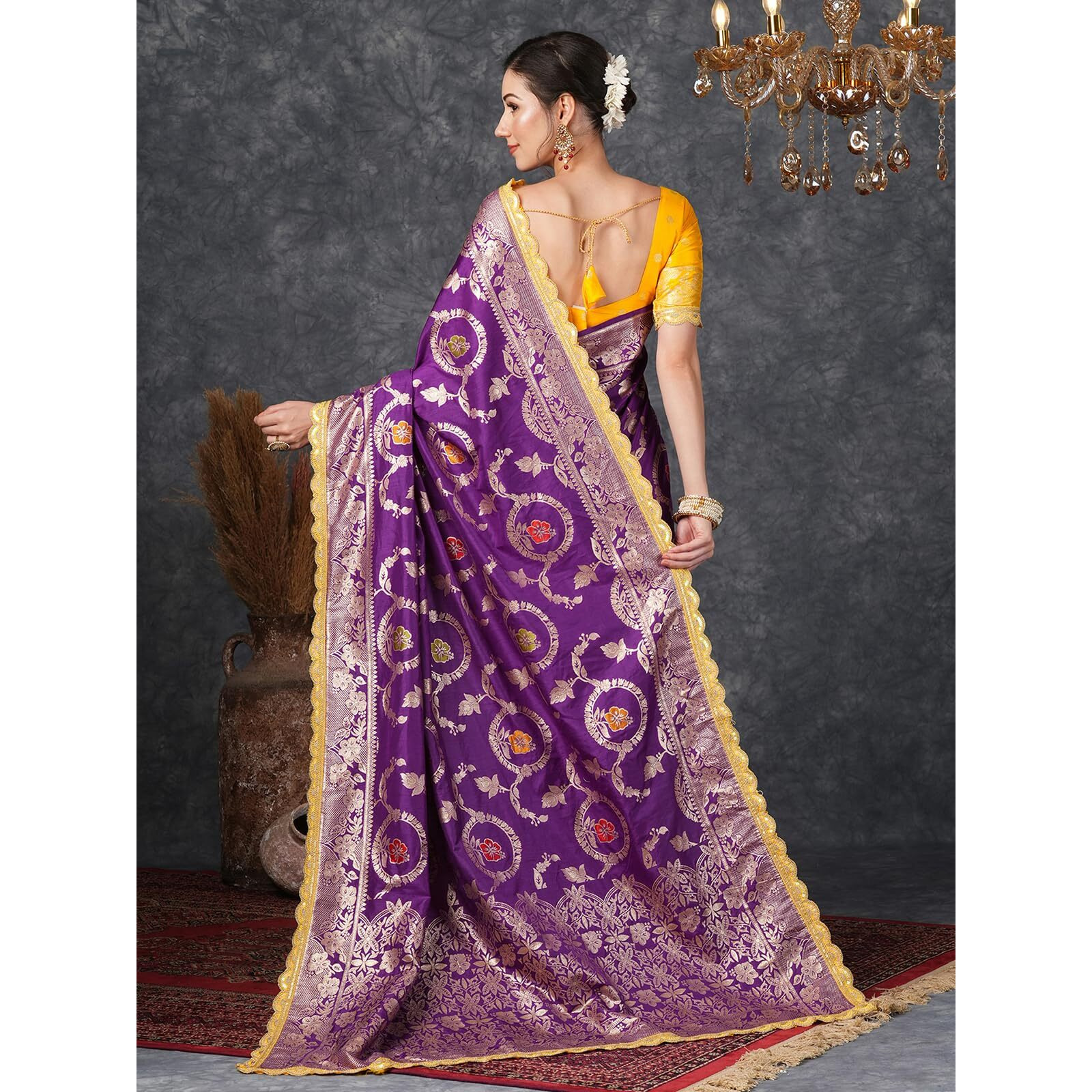 Satrani Women's Silk Blend Banarasi Jacquard Saree with Unstitched Blouse Piece (3800S301N_Deep Violet1)