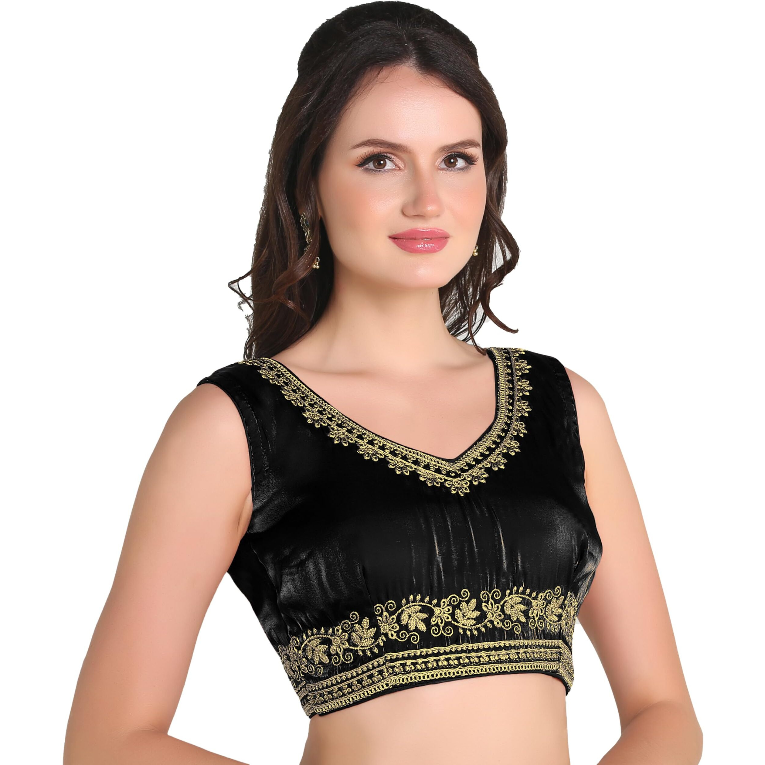 Pujia Mills Women's Sequin Embroidered V Neck Sleeveless Readymade Saree Blouse Indian Ethnic Designer Stitched Readymade Saree Blouse Sleeveless Blouse Readymade Blouse for Women (Black, 36)