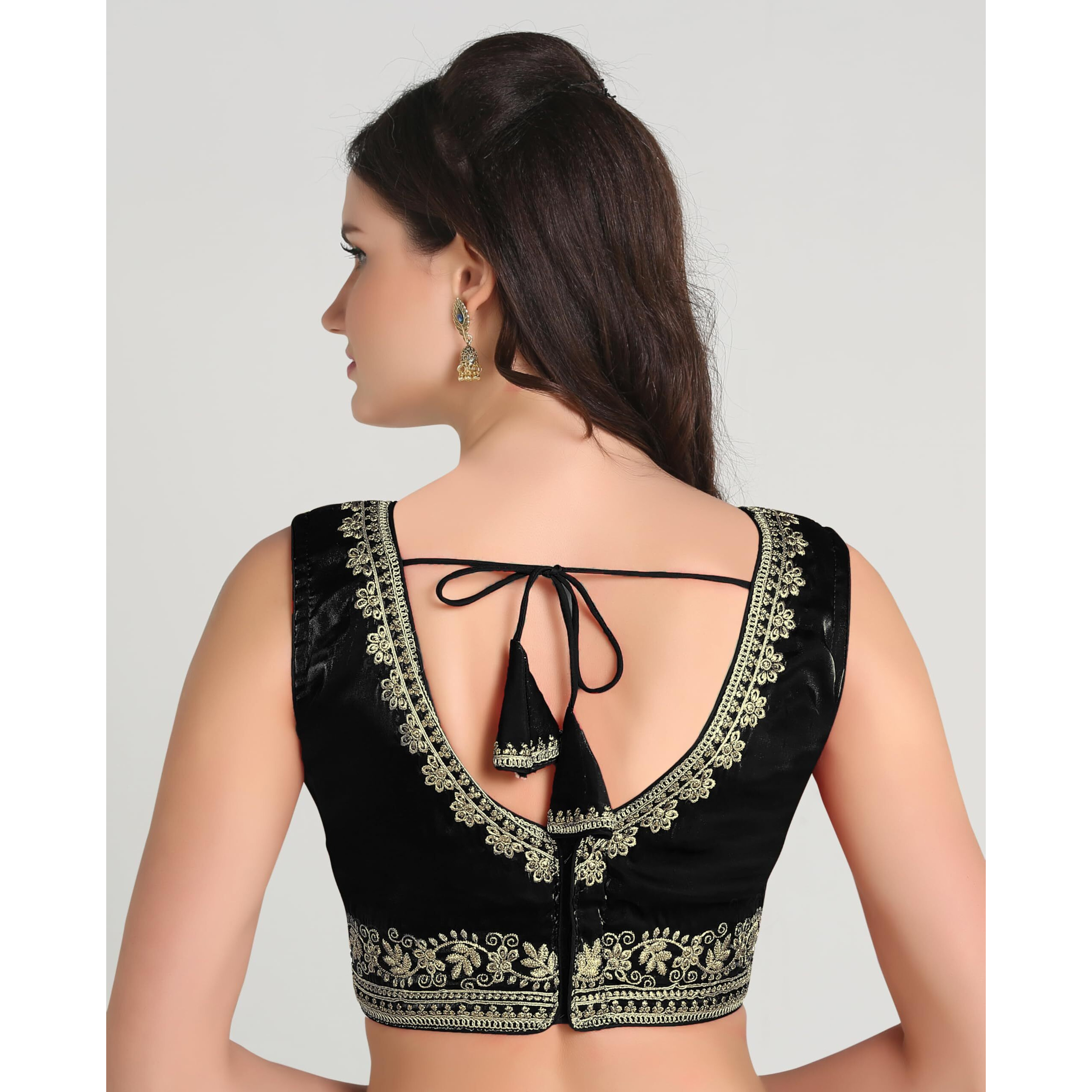 Pujia Mills Women's Sequin Embroidered V Neck Sleeveless Readymade Saree Blouse Indian Ethnic Designer Stitched Readymade Saree Blouse Sleeveless Blouse Readymade Blouse for Women (Black, 36)