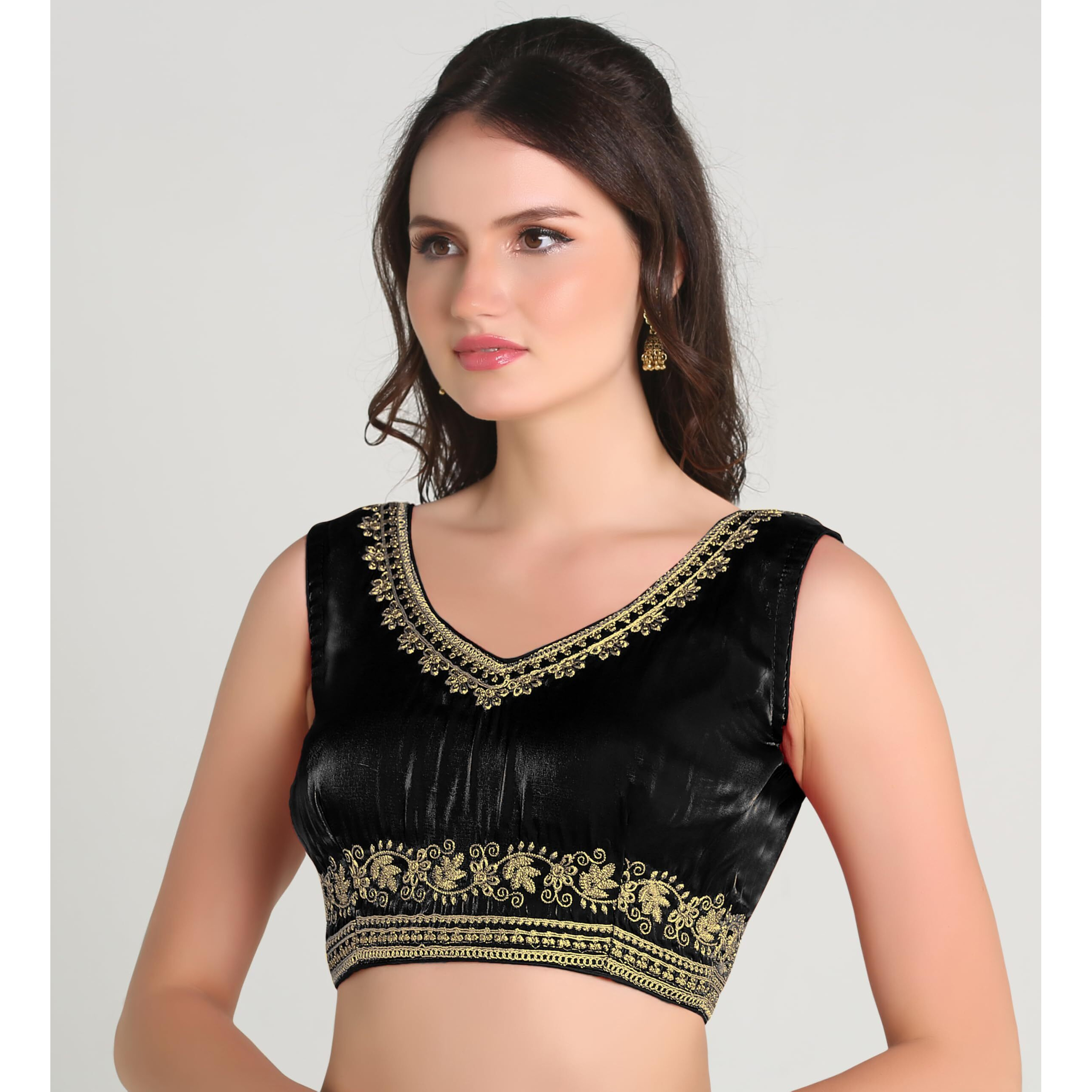 Pujia Mills Women's Sequin Embroidered V Neck Sleeveless Readymade Saree Blouse Indian Ethnic Designer Stitched Readymade Saree Blouse Sleeveless Blouse Readymade Blouse for Women (Black, 36)