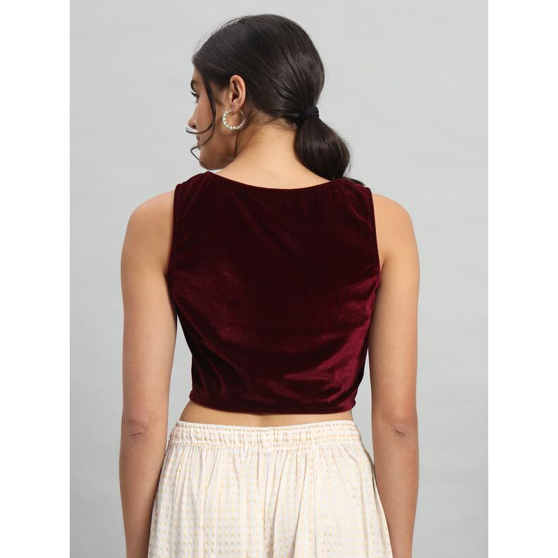 Vaararo Readymade Party Blouse for Women | Shiny Velvet Sleeveless Stylish Outfit Wine Medium