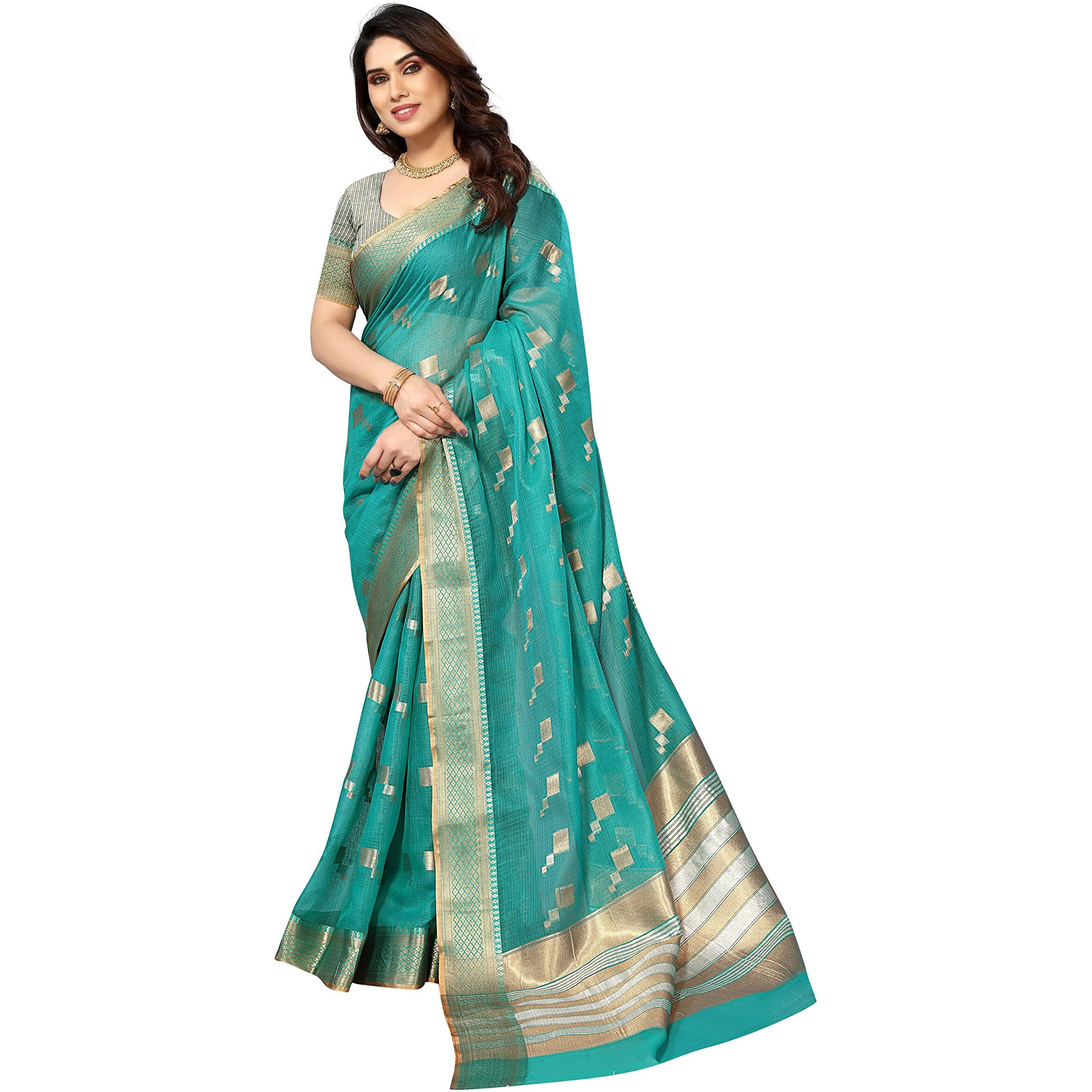 StyleScope Women's Kota Doria Cotton Zari Box Jacquard Bordered Saree With Cotton Blend Unstitched Blouse Piece.(Sea Green,Gold)