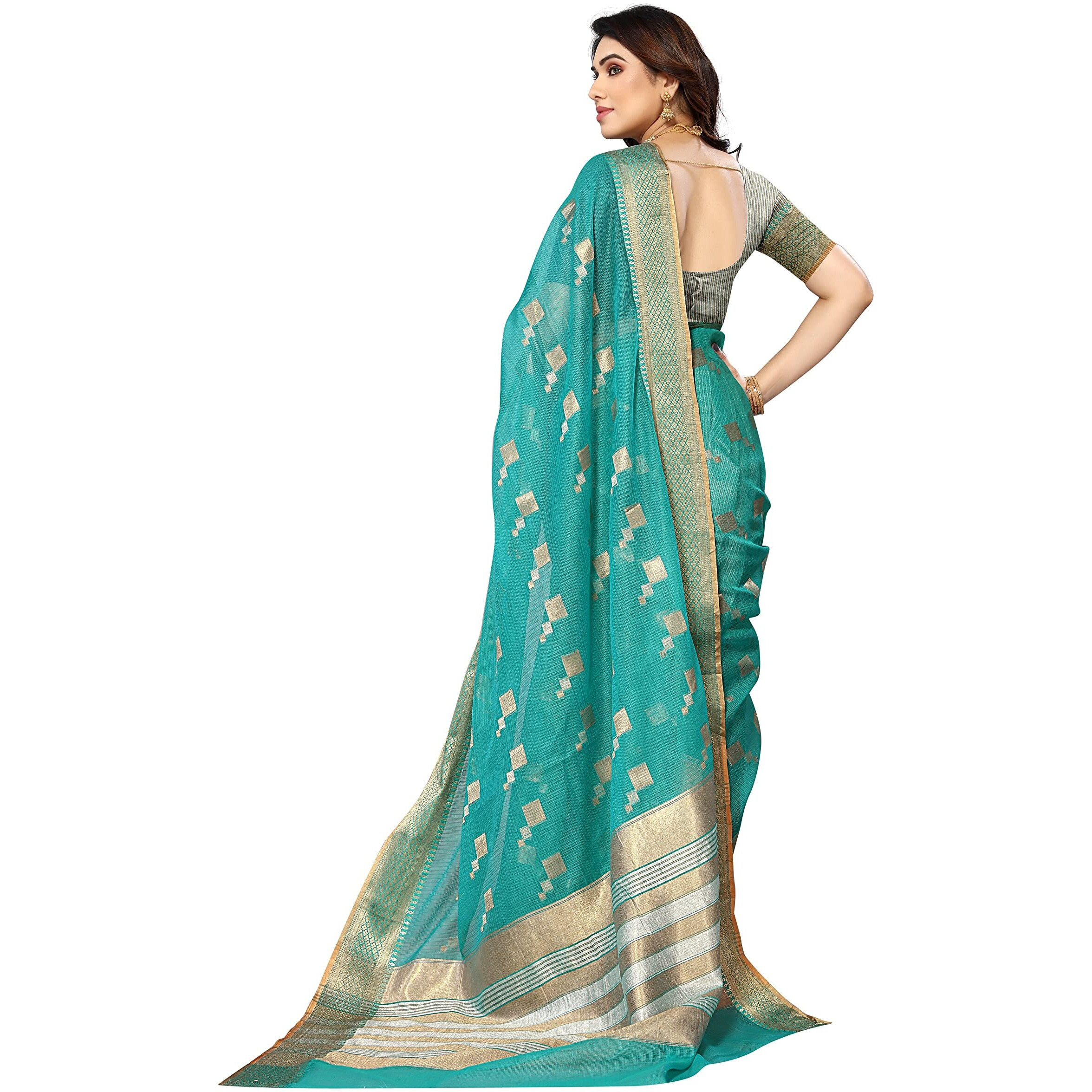 StyleScope Women's Kota Doria Cotton Zari Box Jacquard Bordered Saree With Cotton Blend Unstitched Blouse Piece.(Sea Green,Gold)