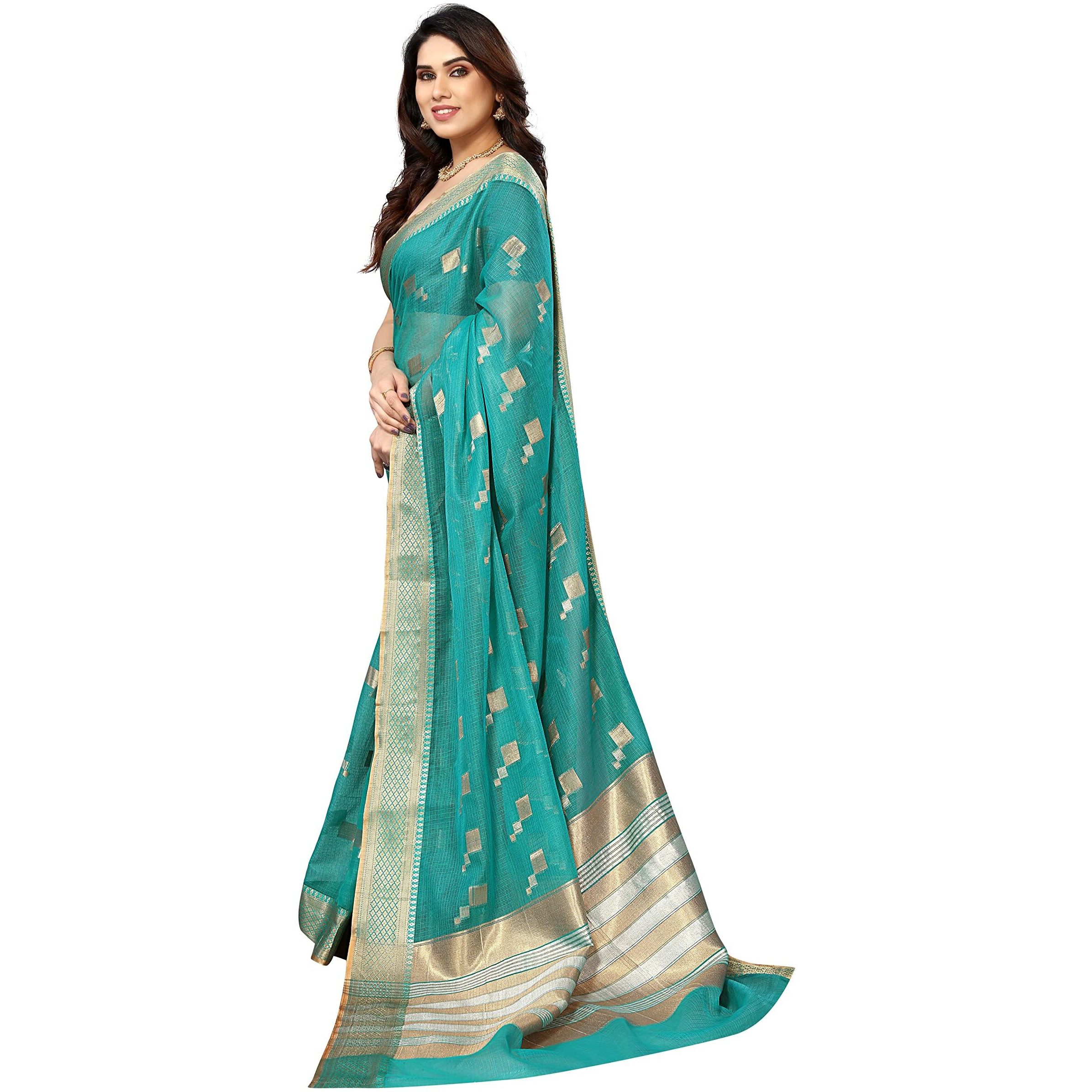 StyleScope Women's Kota Doria Cotton Zari Box Jacquard Bordered Saree With Cotton Blend Unstitched Blouse Piece.(Sea Green,Gold)