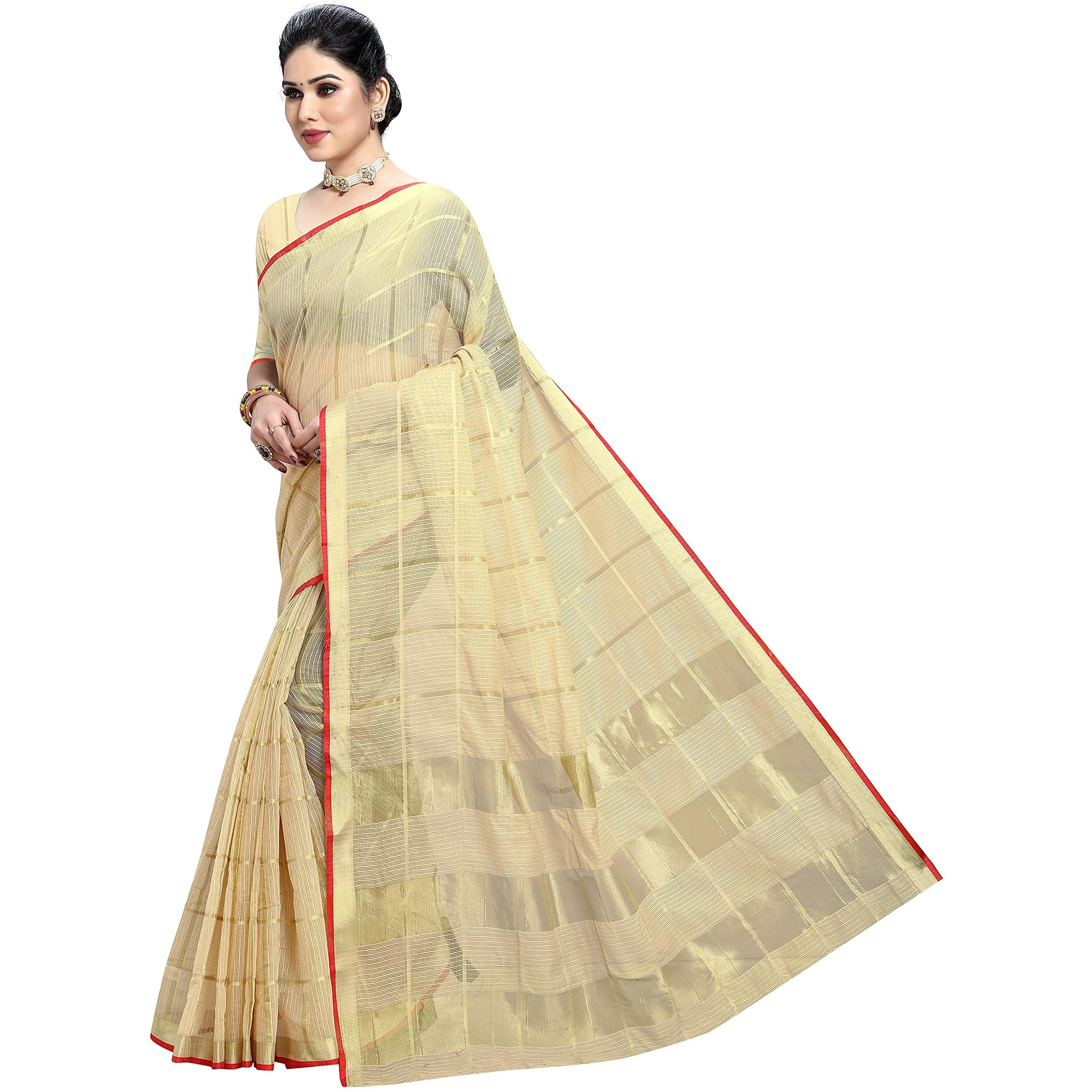 StyleScope Women's Kota Doria Cotton Zari Checks Manipuri Saree With Cotton Blend Unstitched Blouse Piece.(Cream,Gold)