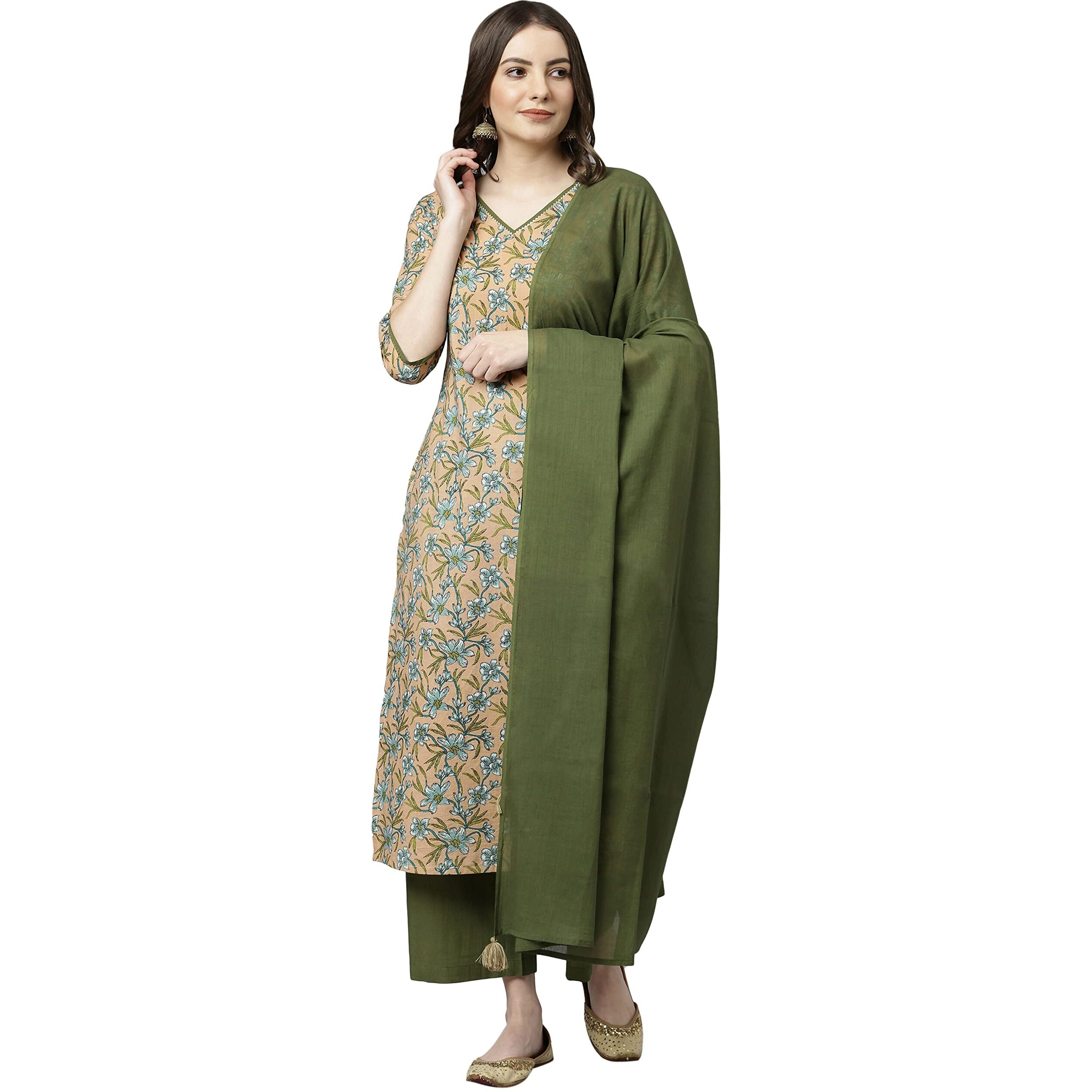 Janasya Women's Peach Cotton Floral Print Kurta with Palazzo and Dupatta(SET398-KR-PP-M)