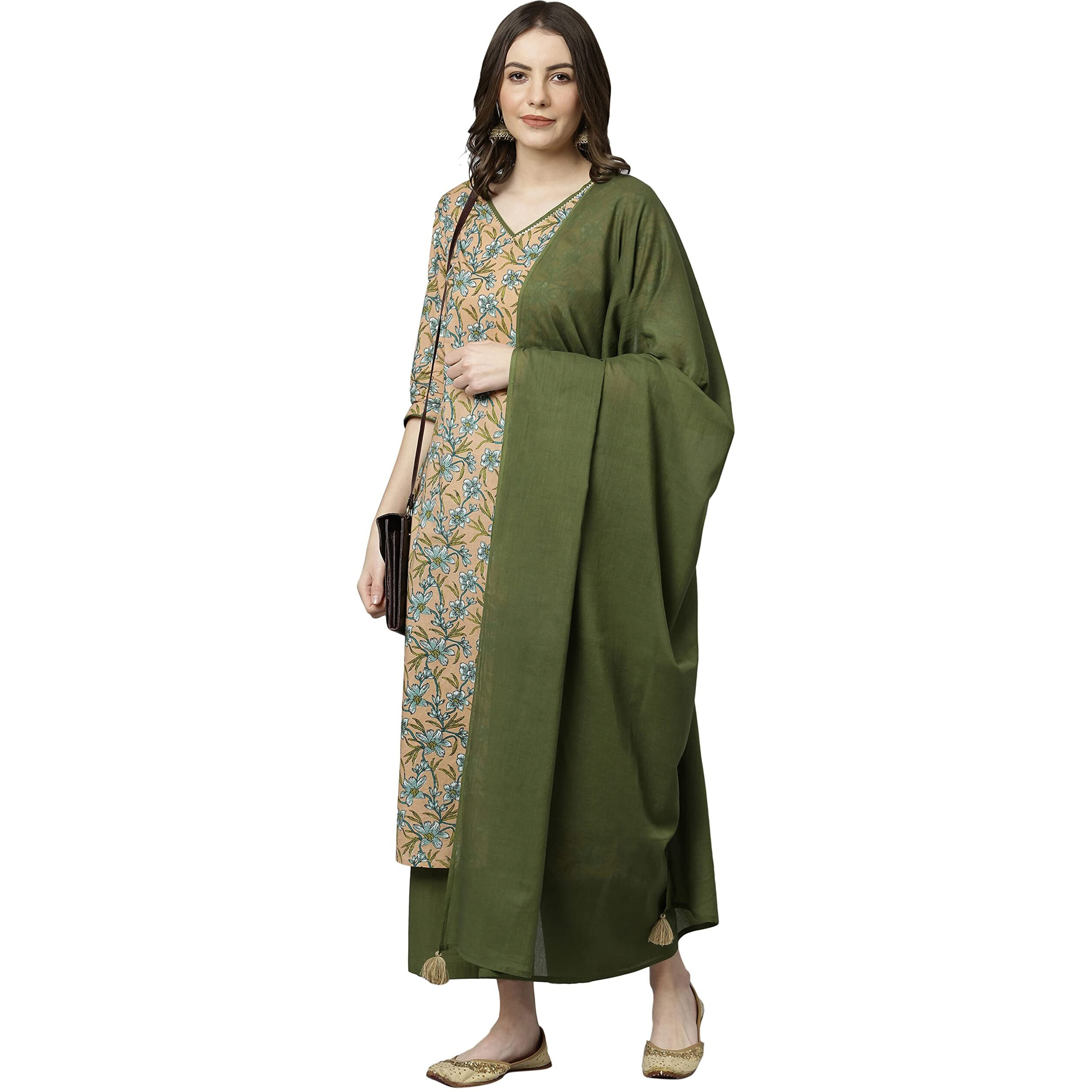 Janasya Women's Peach Cotton Floral Print Kurta with Palazzo and Dupatta(SET398-KR-PP-M)