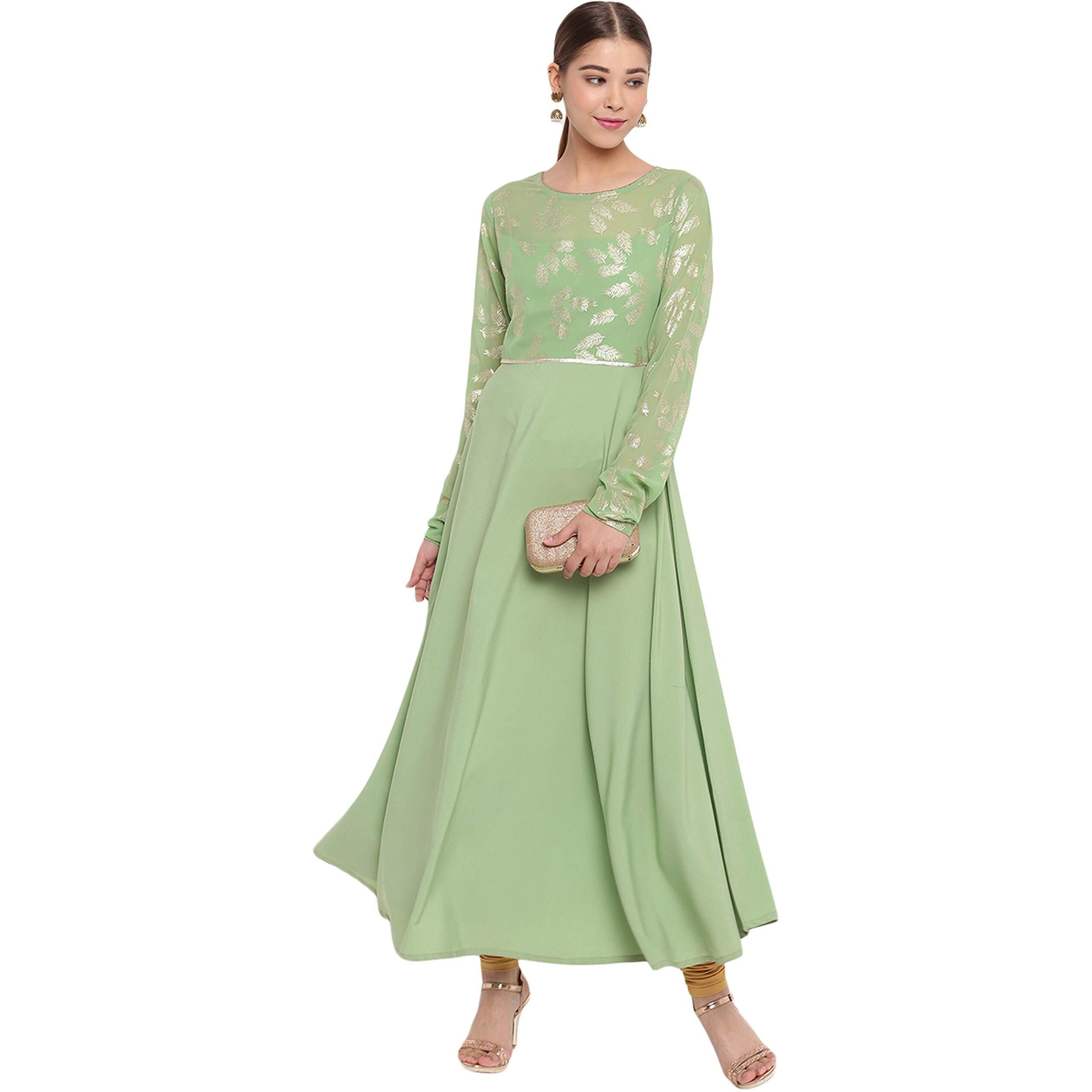 Janasya Women's Light Green Poly Crepe Botanical Print Gown Kurta