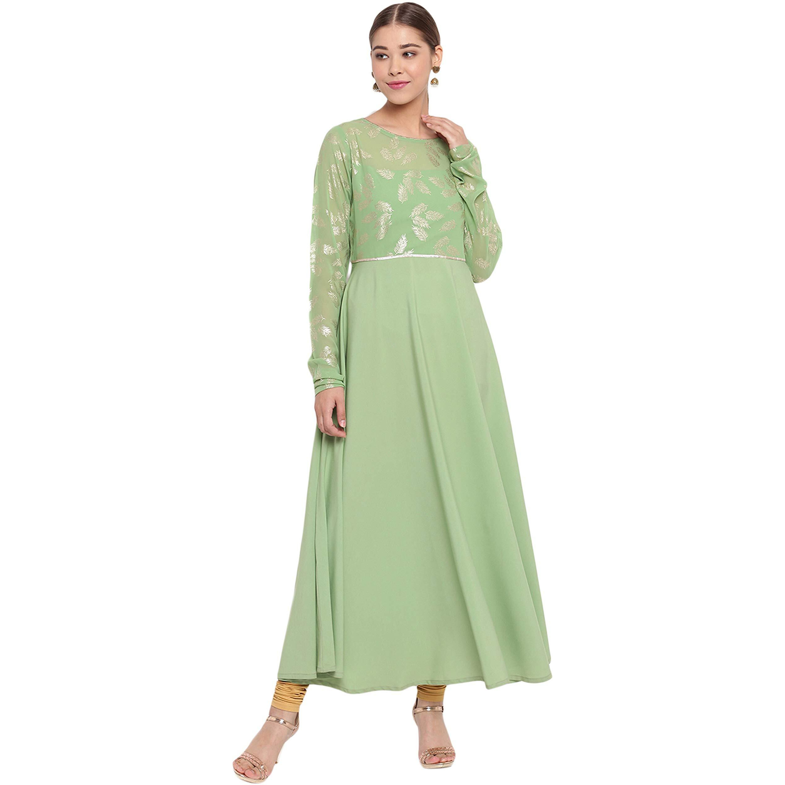 Janasya Women's Light Green Poly Crepe Botanical Print Gown Kurta