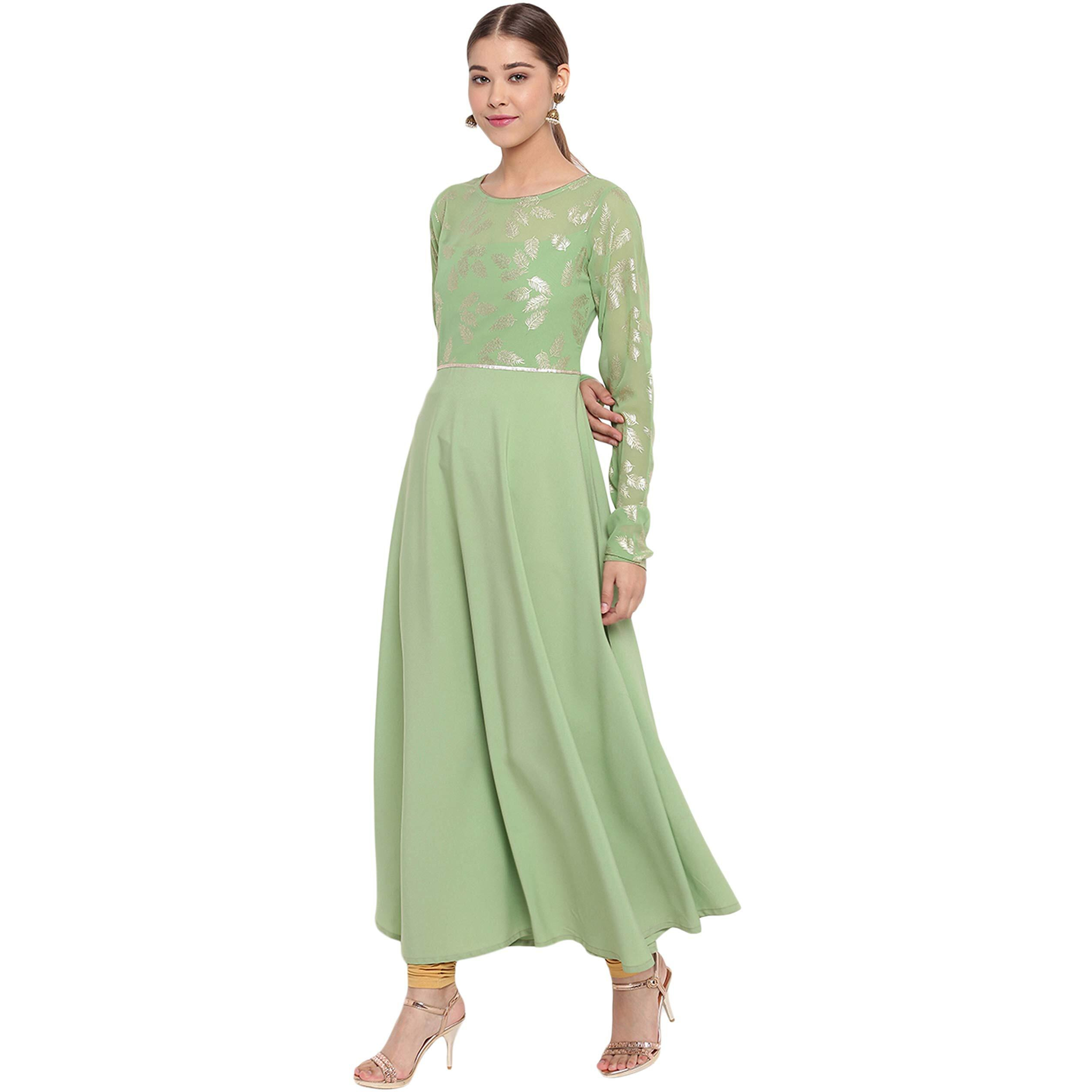 Janasya Women's Light Green Poly Crepe Botanical Print Gown Kurta