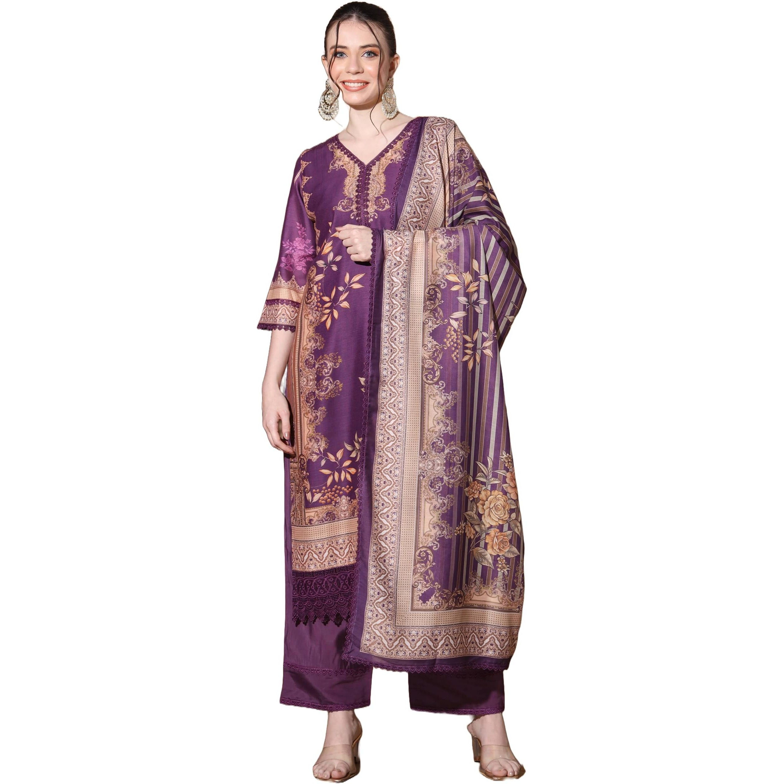 Vbuyz Women's Digital Print Muslin Multicolor Pakistani Style Stitched Kurta Palazzo With Dupatta | Party Festival Kurta Set | Kurta Set For Women | Suit Set (IN, Alpha, M, Regular, Purple)