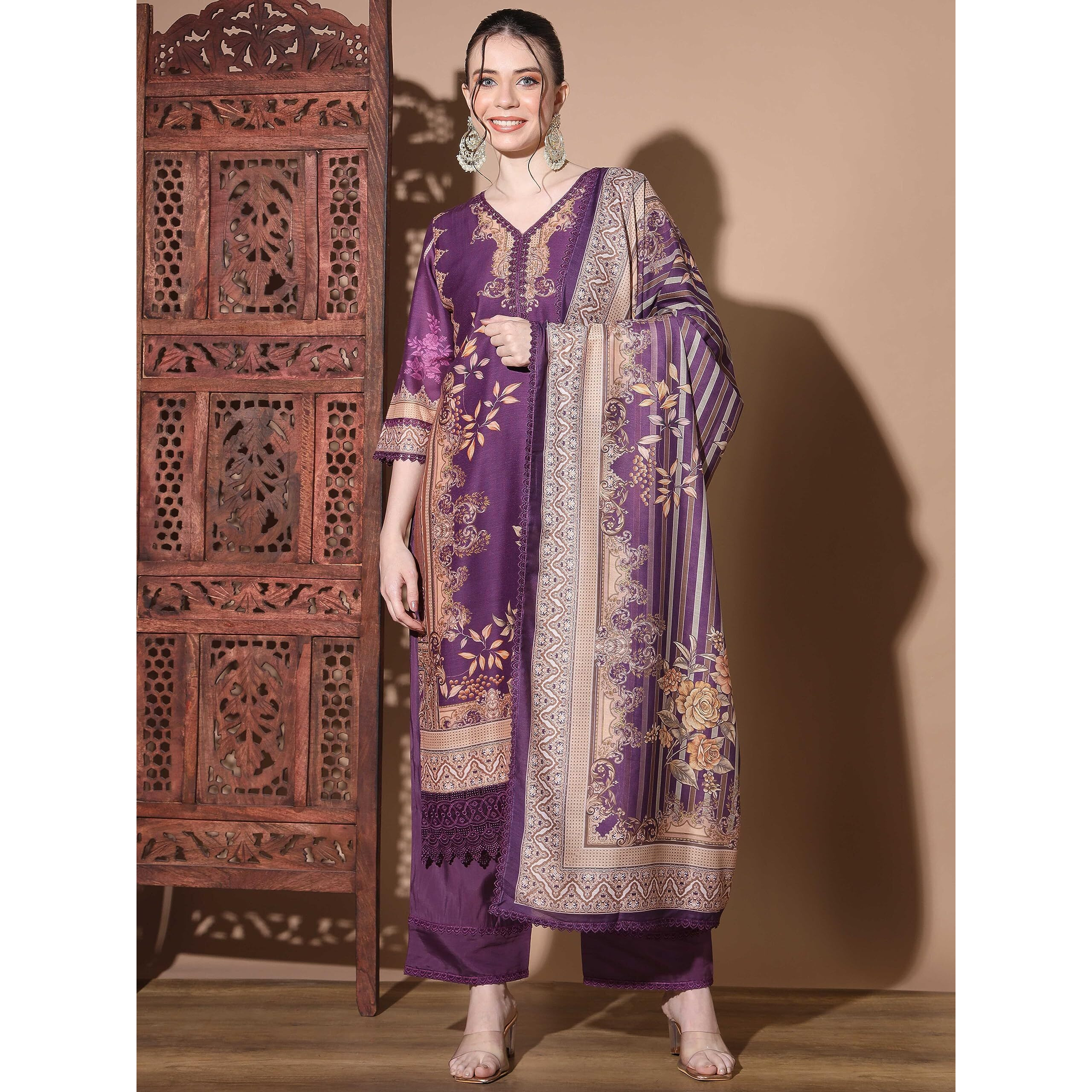 Vbuyz Women's Digital Print Muslin Multicolor Pakistani Style Stitched Kurta Palazzo With Dupatta | Party Festival Kurta Set | Kurta Set For Women | Suit Set (IN, Alpha, M, Regular, Purple)