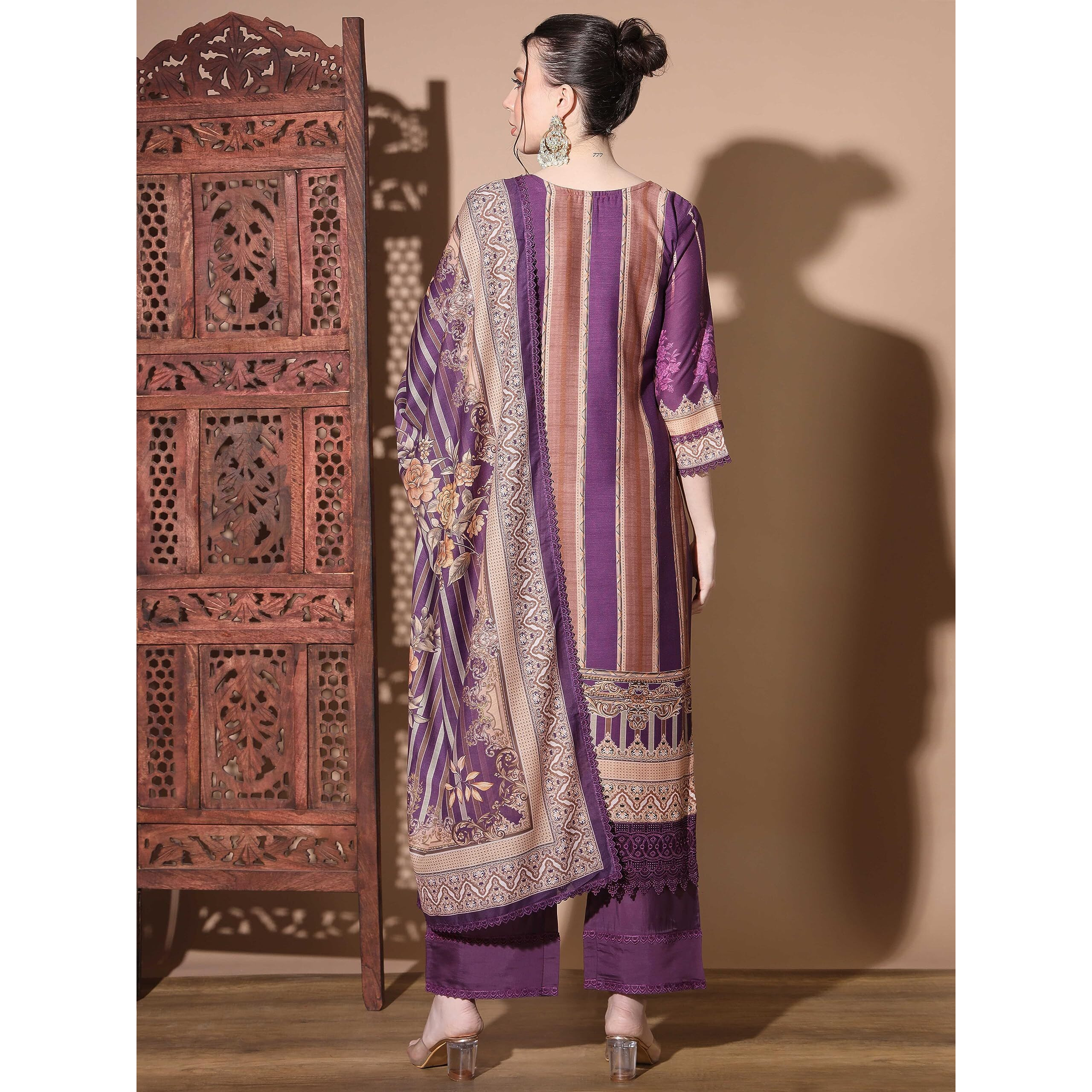 Vbuyz Women's Digital Print Muslin Multicolor Pakistani Style Stitched Kurta Palazzo With Dupatta | Party Festival Kurta Set | Kurta Set For Women | Suit Set (IN, Alpha, M, Regular, Purple)