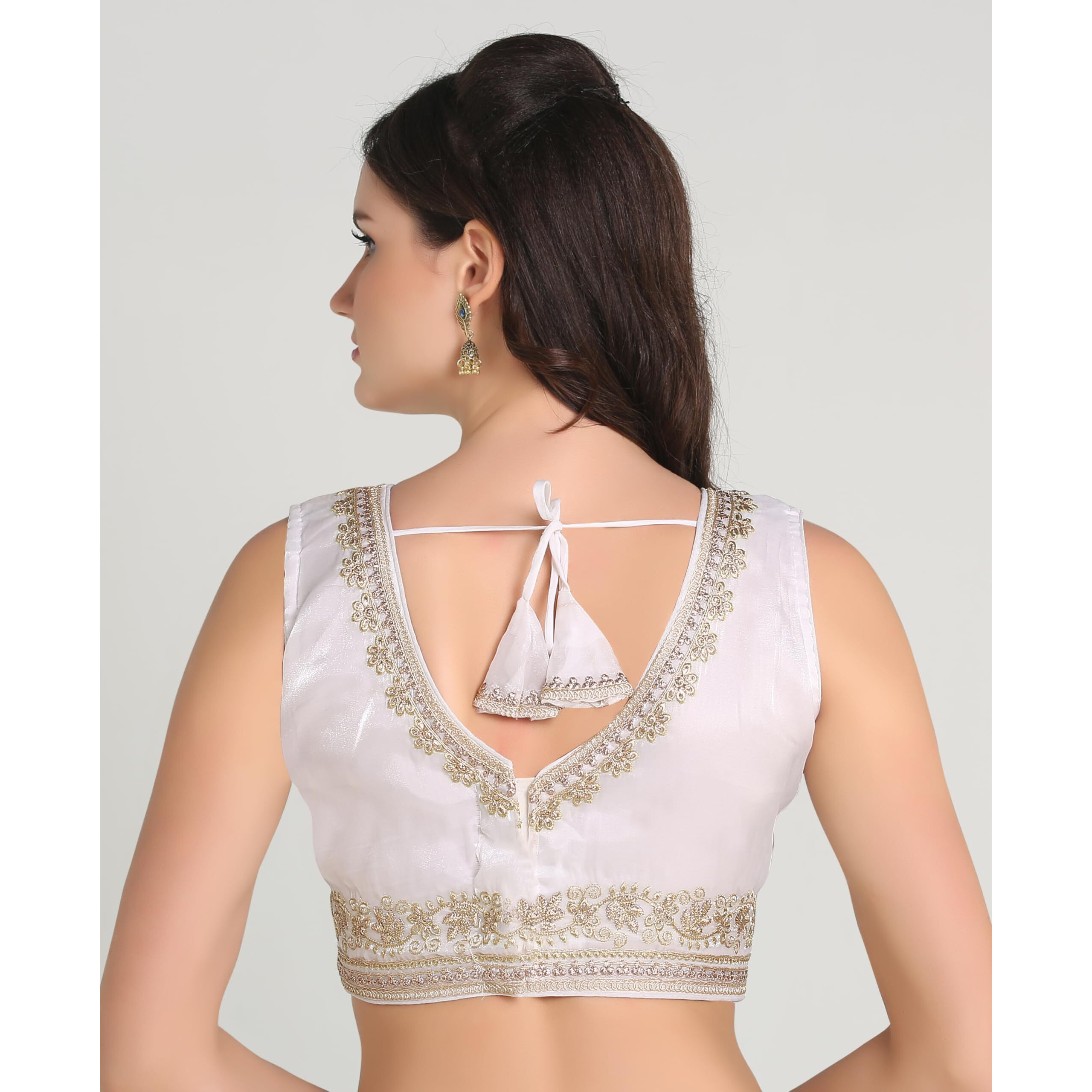 Pujia Mills Women's Sequin Embroidered V Neck Sleeveless Readymade Saree Blouse Indian Ethnic Designer Stitched Readymade Saree Blouse Sleeveless Blouse Readymade Blouse for Women (White, 38)