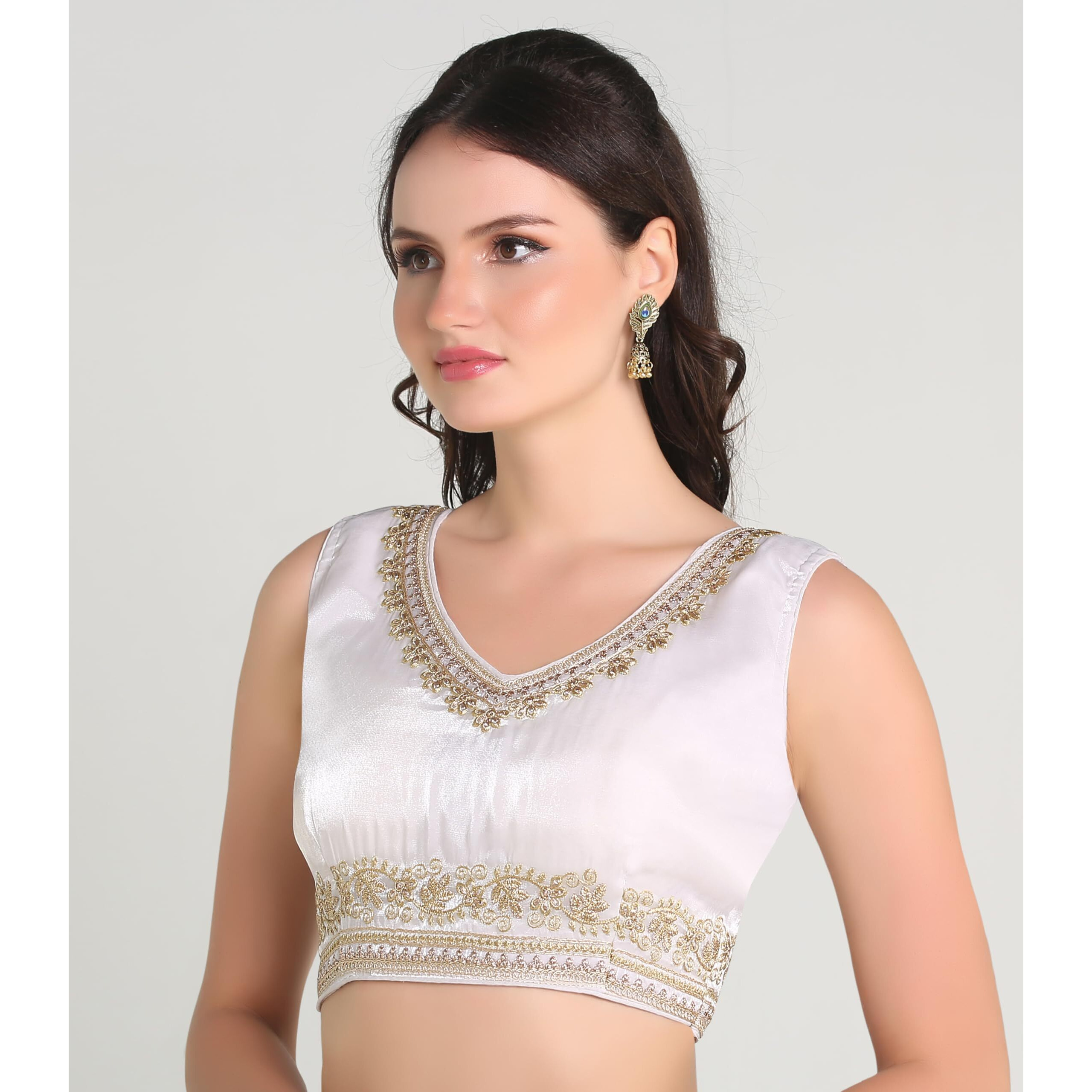 Pujia Mills Women's Sequin Embroidered V Neck Sleeveless Readymade Saree Blouse Indian Ethnic Designer Stitched Readymade Saree Blouse Sleeveless Blouse Readymade Blouse for Women (White, 38)