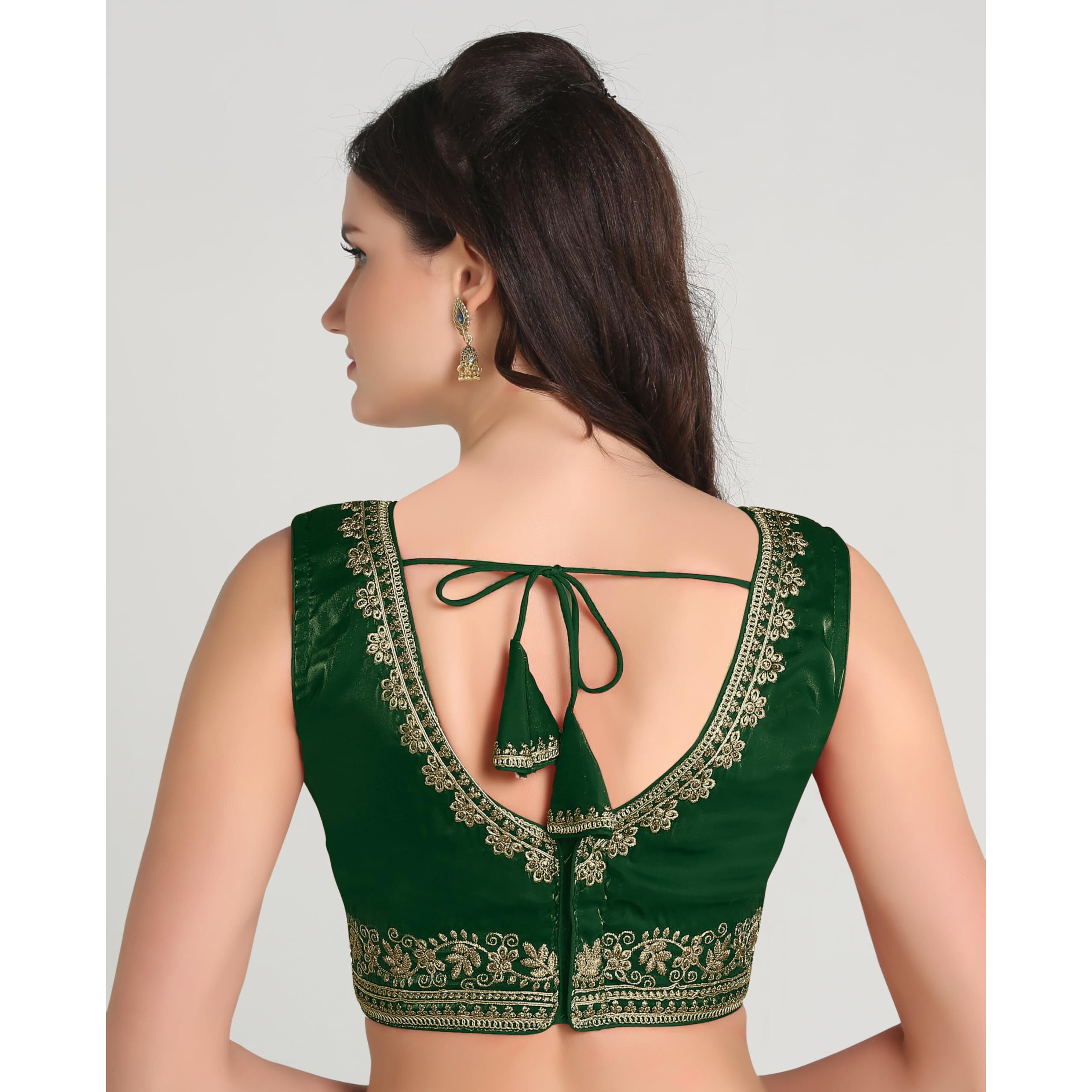 Pujia Mills Women's Sequin Embroidered V Neck Sleeveless Readymade Saree Blouse Indian Ethnic Designer Stitched Readymade Saree Blouse Sleeveless Blouse Readymade Blouse for Women (Bottle Green, 32)