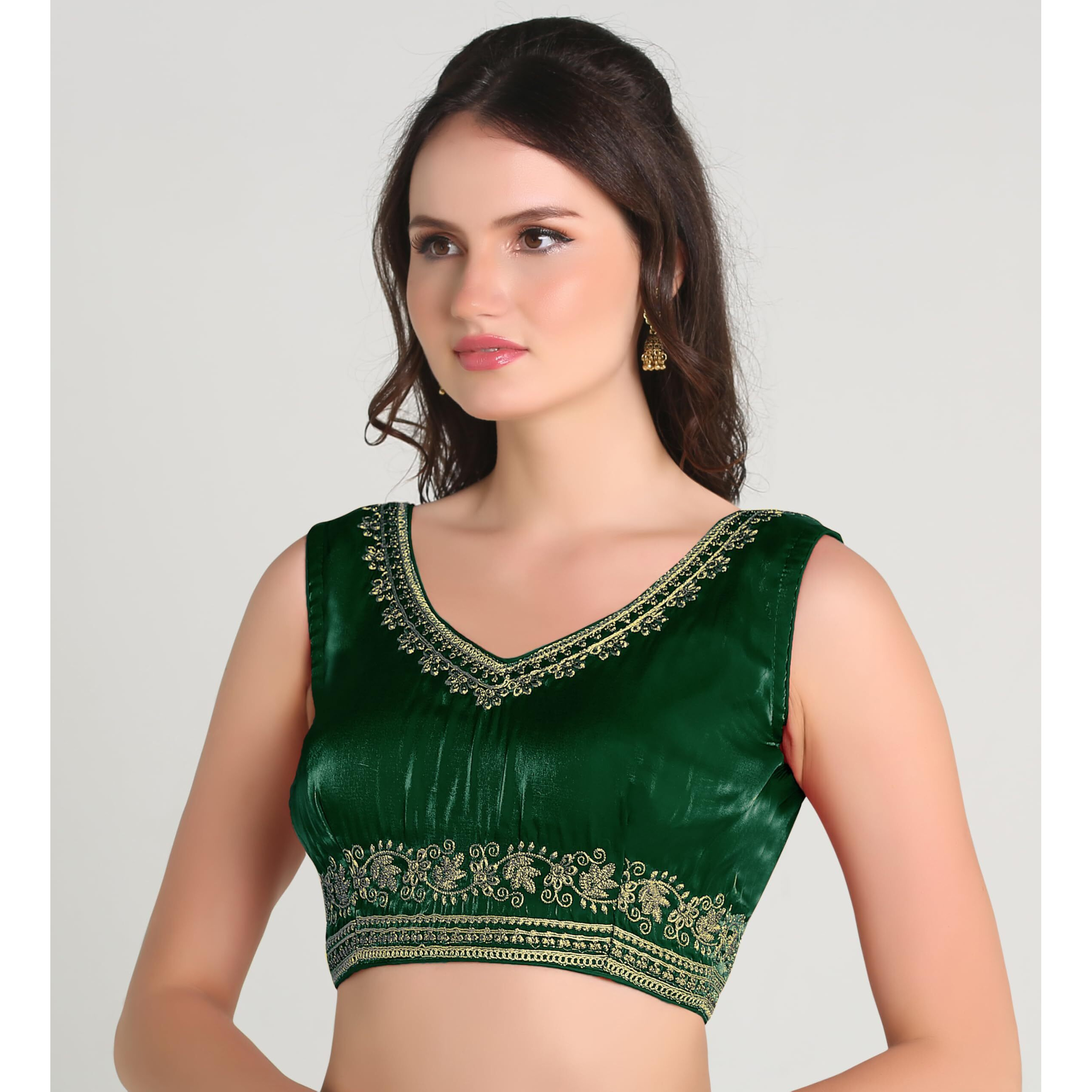 Pujia Mills Women's Sequin Embroidered V Neck Sleeveless Readymade Saree Blouse Indian Ethnic Designer Stitched Readymade Saree Blouse Sleeveless Blouse Readymade Blouse for Women (Bottle Green, 32)
