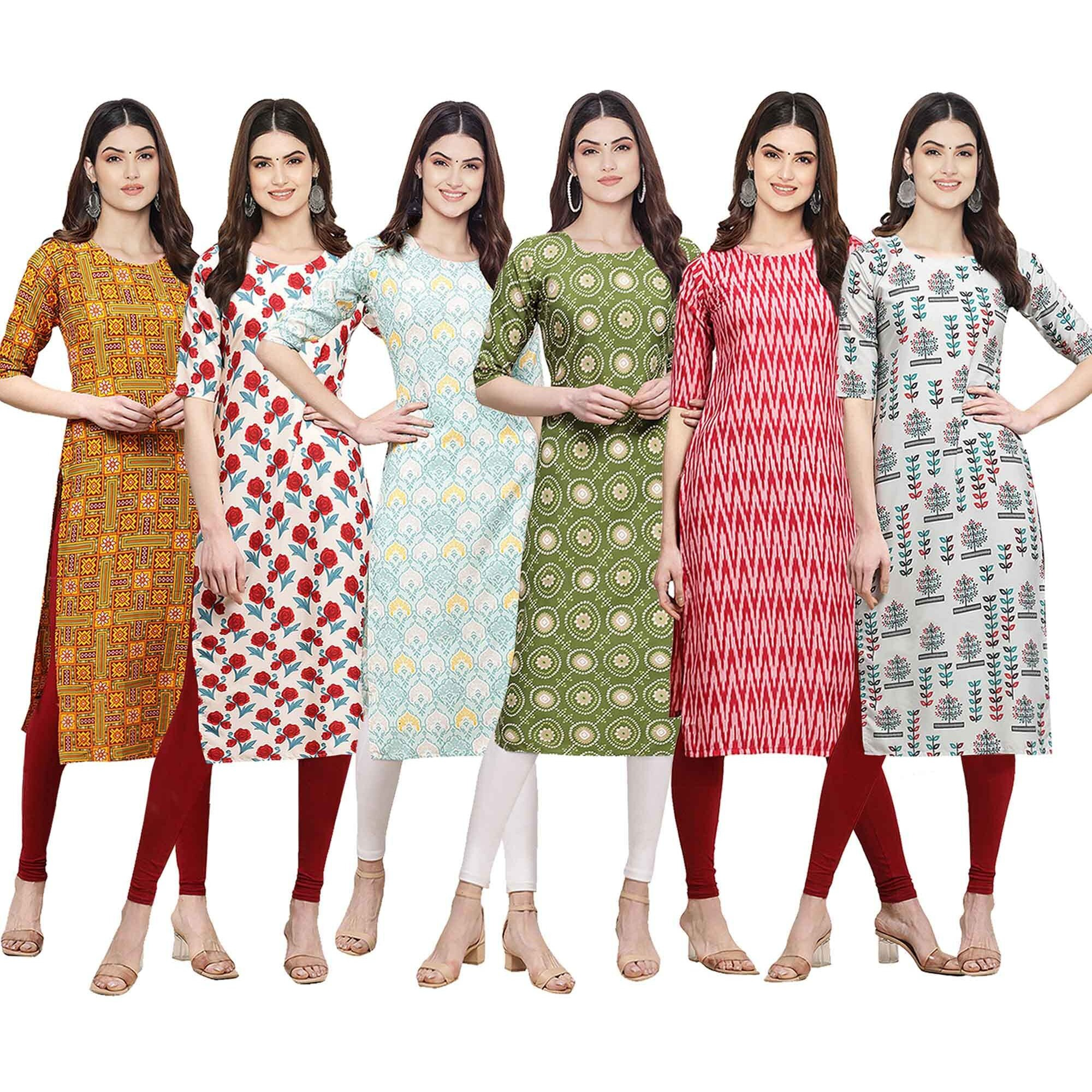 Pinkmint Women's Crepe Digital Print Straight Kurta [Pack of 6] (CKE-333-342-343-338-328-340-XL)