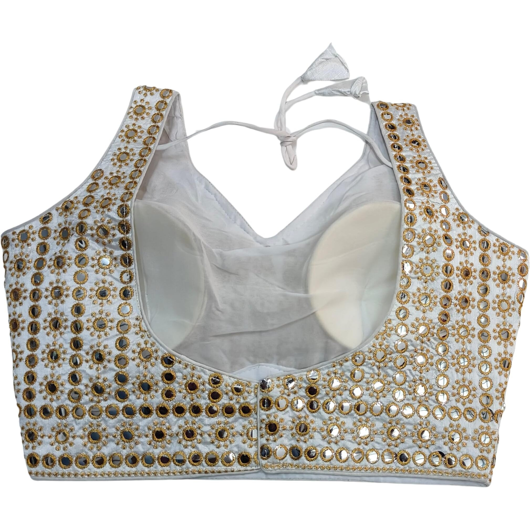 Pujia Mills Women's Readymade Blouse Sleeveless Blouse Embroidery jari Work Mirror Blouse Handwork Readymade Saree Blouse for Women for Saree and Lehenga Choli (B101 White 38)