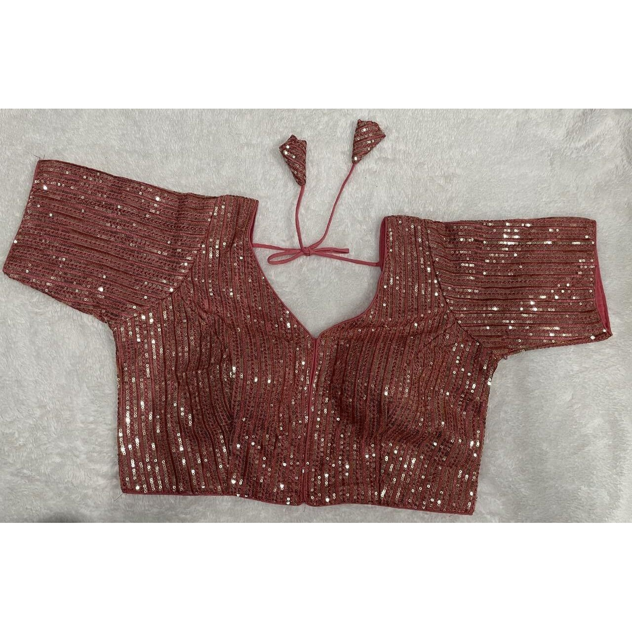 Vihu Fashion Women's Indian Ethnic Wear Designer Silver Sequence with Matching Embroidered Work V Neck Half Sleeve Readymade Padded Saree Blouse Readymade Unique Peach Color Saree Blouse