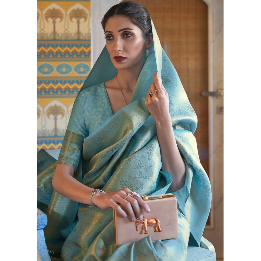 MADHUHANSH Women's kanjivaram banarasi silk saree Zari Woven for festival Wedding silk with rich pallu Design sarees for women with Unstitched blouse piece (SKYBLUE)