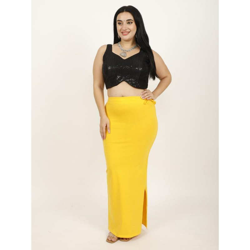 Georgio Martini - First Time In India Plus Size Cotton Lycra Saree Shapewear for Women Straight Cut Skirt with Side Cut | Shape Wear Dress for Sarees | Petticoat with Drawstring Yellow-XL