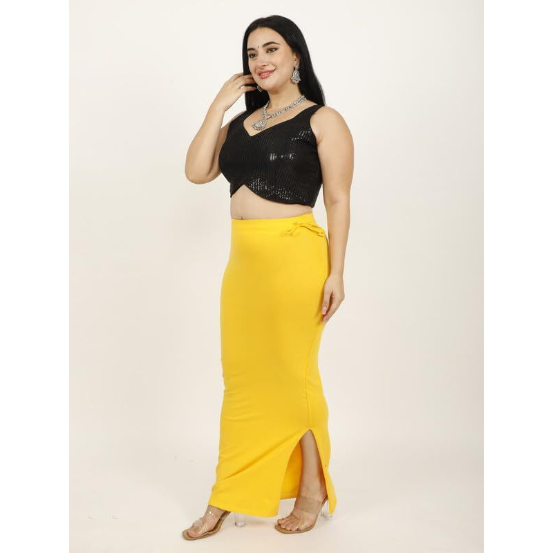 Georgio Martini - First Time In India Plus Size Cotton Lycra Saree Shapewear for Women Straight Cut Skirt with Side Cut | Shape Wear Dress for Sarees | Petticoat with Drawstring Yellow-XL