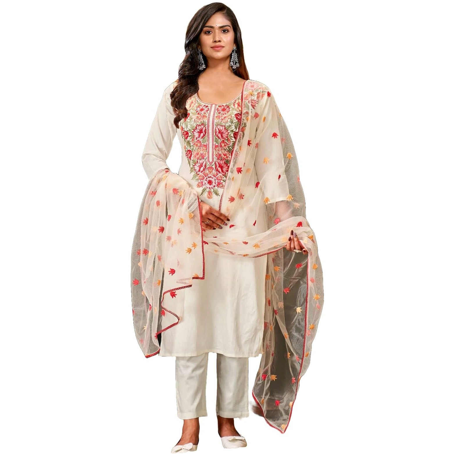 LookMark Women's Embroidered Cotton Blend Kurta Set This Elegant Ensemble for Special & Casual Wear, Includes a Straight Kurta, Pants & Dupatta (AZ-LM-OG-KS2103-S)
