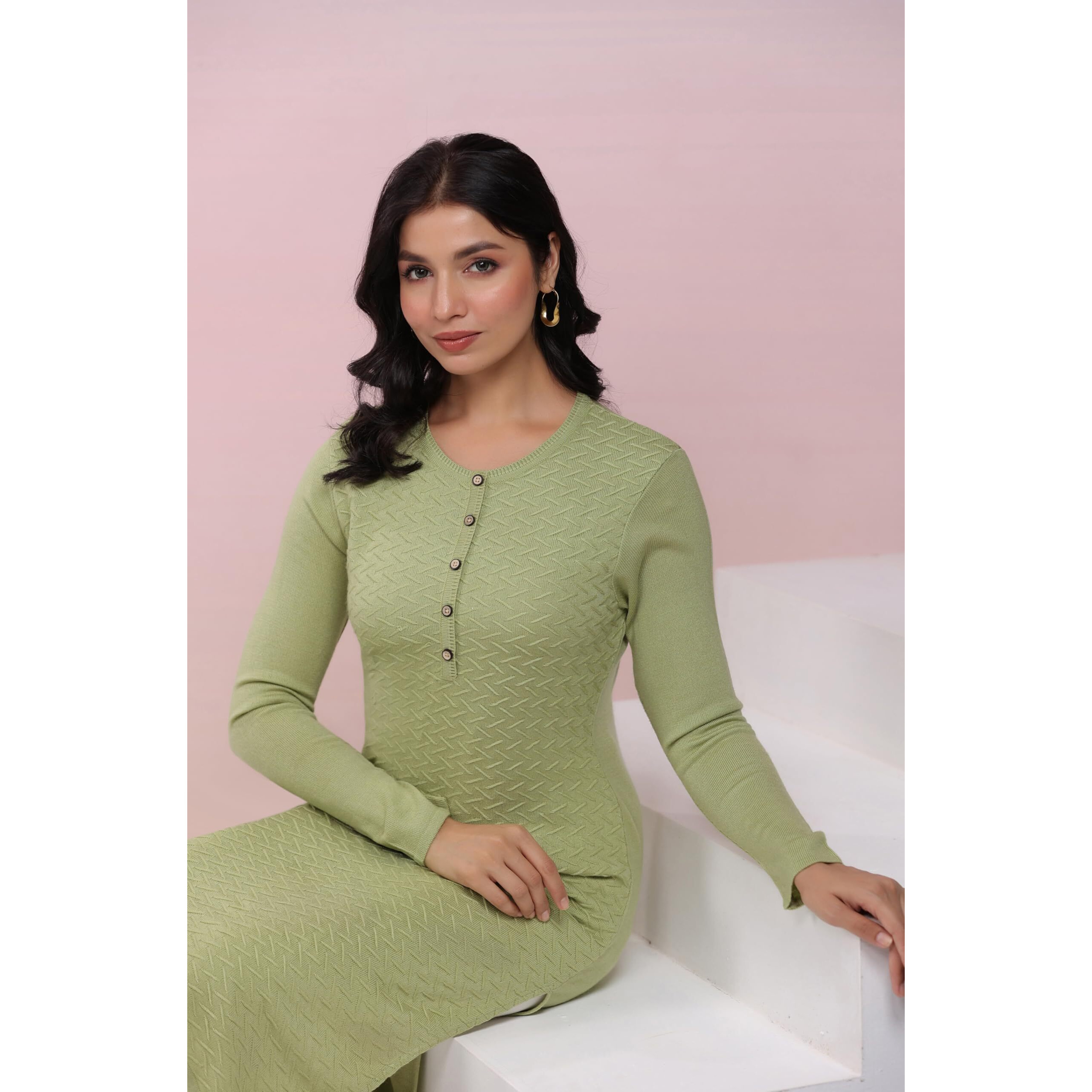 Janasya Women's Sage Green Woolen Textured Straight Winter Kurta (JAB24KR01157-M)