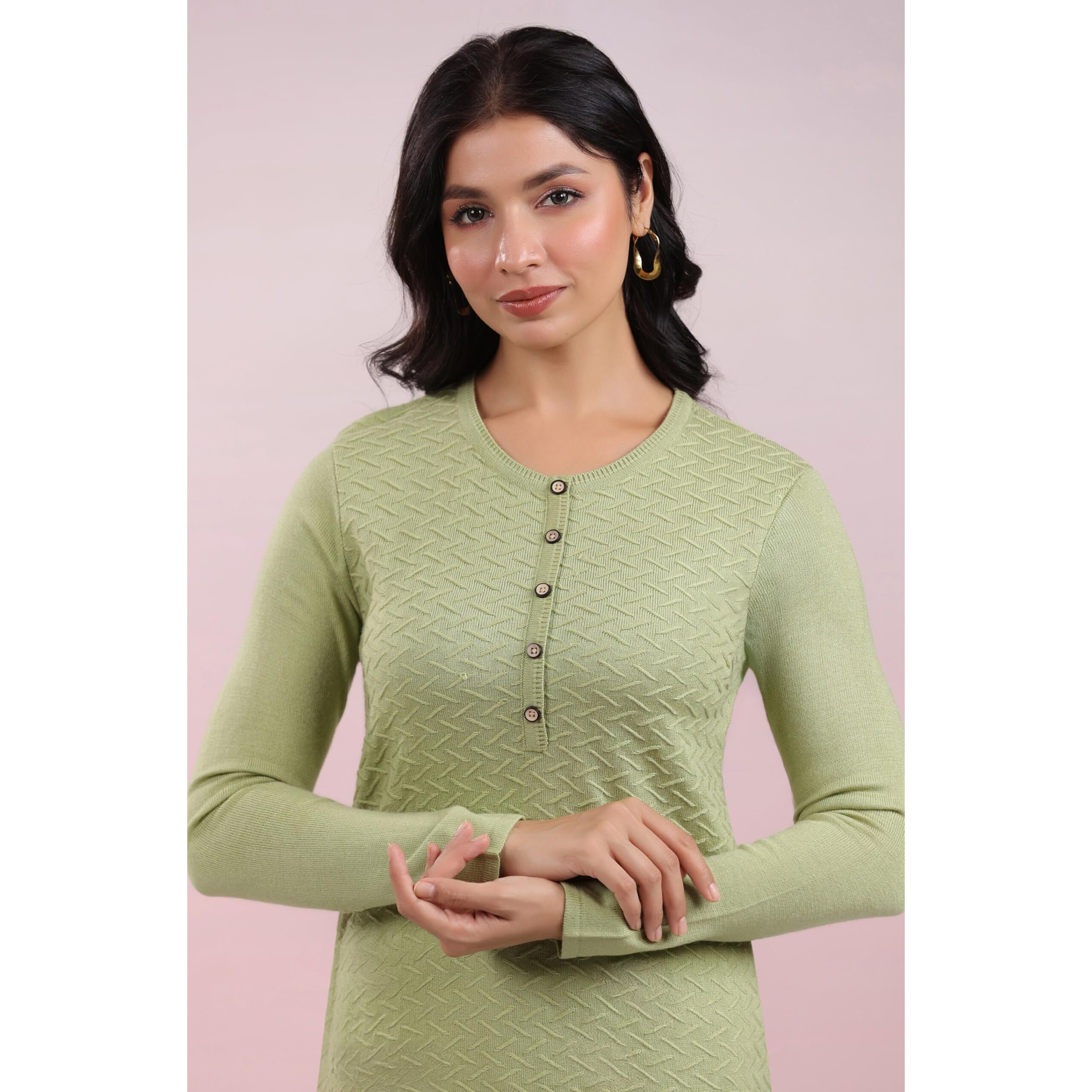 Janasya Women's Sage Green Woolen Textured Straight Winter Kurta (JAB24KR01157-M)