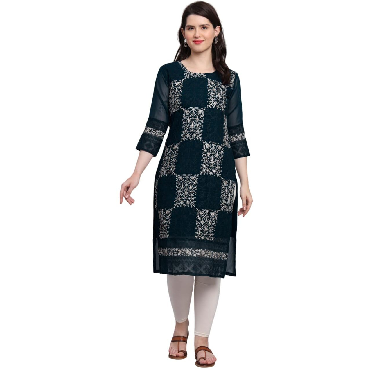 VAIRAGEE Women's Georgette Straight Cut Round Neck Kurta with Beautiful Lucknowi Chickenkari Work (1605) Teal Blue