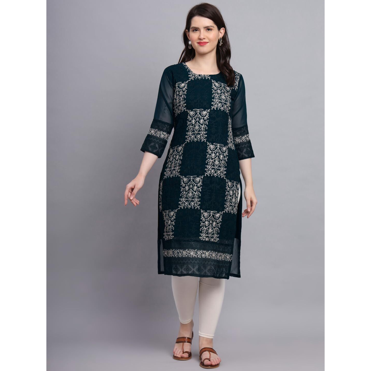 VAIRAGEE Women's Georgette Straight Cut Round Neck Kurta with Beautiful Lucknowi Chickenkari Work (1605) Teal Blue