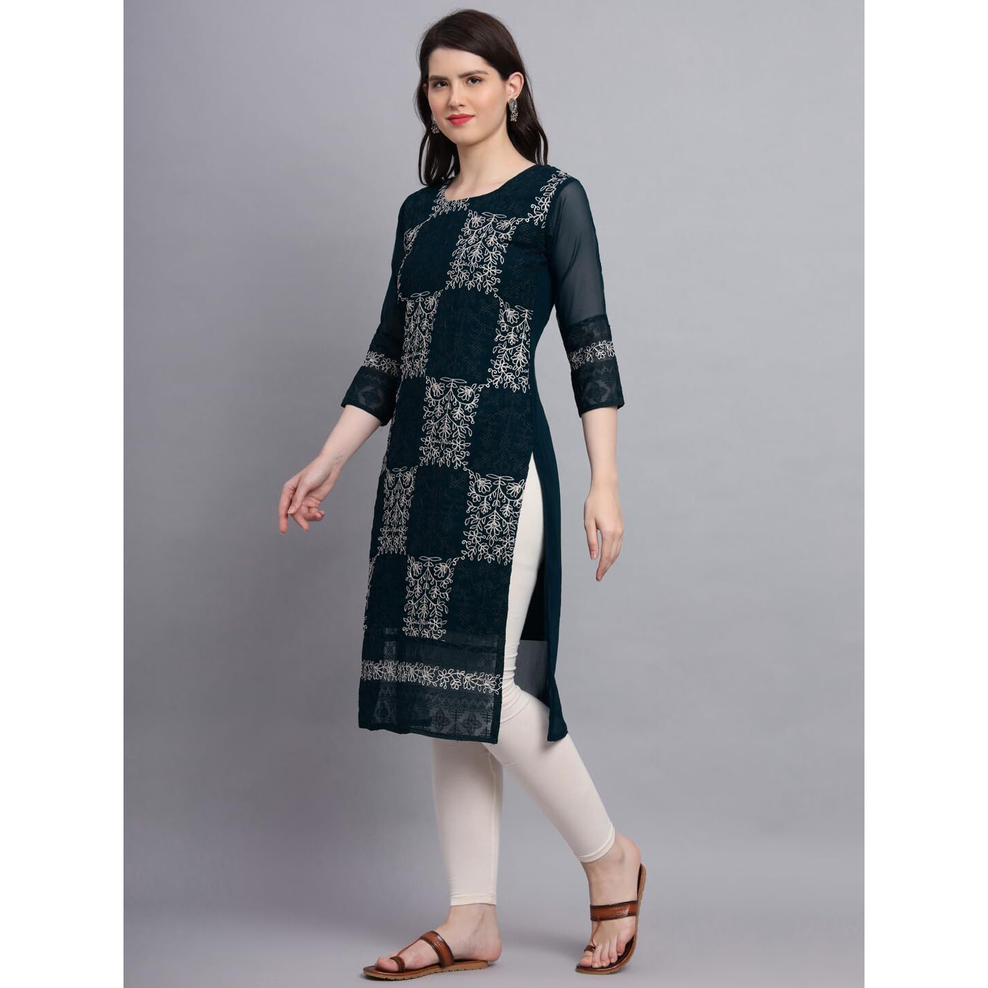 VAIRAGEE Women's Georgette Straight Cut Round Neck Kurta with Beautiful Lucknowi Chickenkari Work (1605) Teal Blue