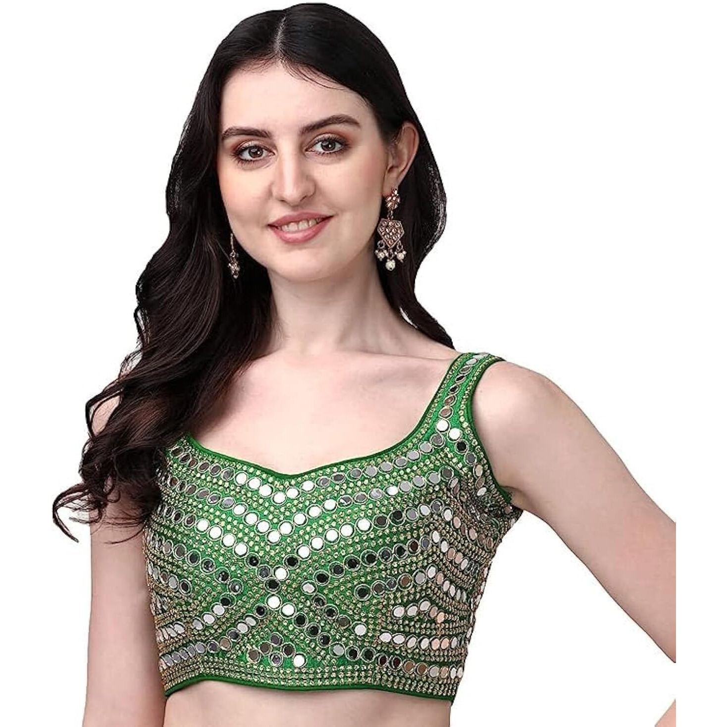 Pujia Mills Women's Multicolor Heavy Phantom Silk Thread Zari And Sequence Work And Real Mirror Hand Work Readymade Saree Blouse (Sleeves Attached Inside) (KANCHI BLOUSE_GREEN_38 Size+ Margin)
