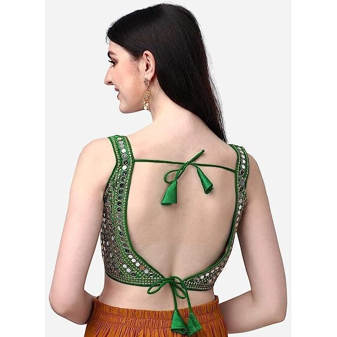 Pujia Mills Women's Multicolor Heavy Phantom Silk Thread Zari And Sequence Work And Real Mirror Hand Work Readymade Saree Blouse (Sleeves Attached Inside) (KANCHI BLOUSE_GREEN_38 Size+ Margin)