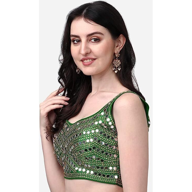 Pujia Mills Women's Multicolor Heavy Phantom Silk Thread Zari And Sequence Work And Real Mirror Hand Work Readymade Saree Blouse (Sleeves Attached Inside) (KANCHI BLOUSE_GREEN_38 Size+ Margin)