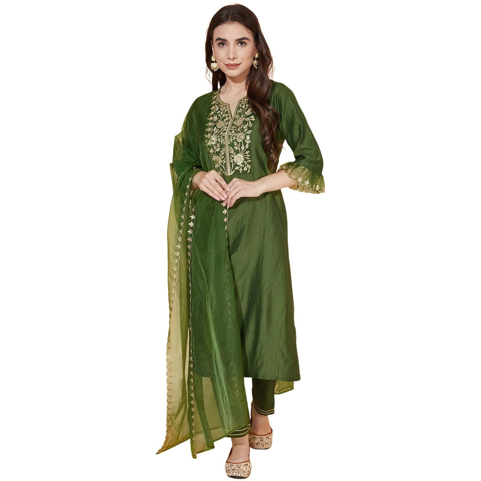 Sanisa Women's Chinnon Silk & Organza Sequence and Embroidery Work Straight Kurta with Pant and Dupatta Set (38KBD474NB-3XL_Green)