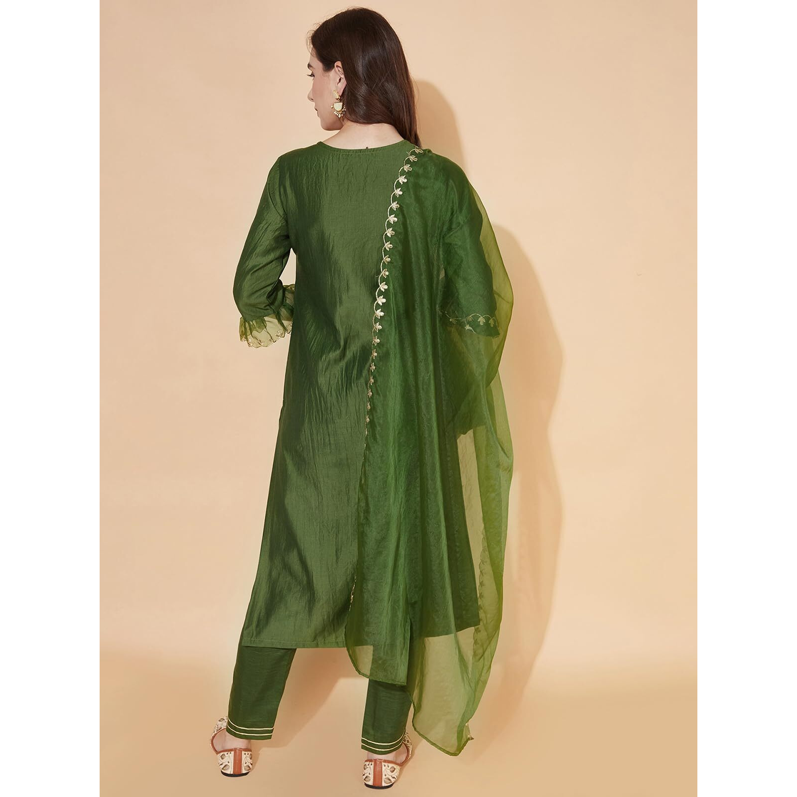 Sanisa Women's Chinnon Silk & Organza Sequence and Embroidery Work Straight Kurta with Pant and Dupatta Set (38KBD474NB-3XL_Green)
