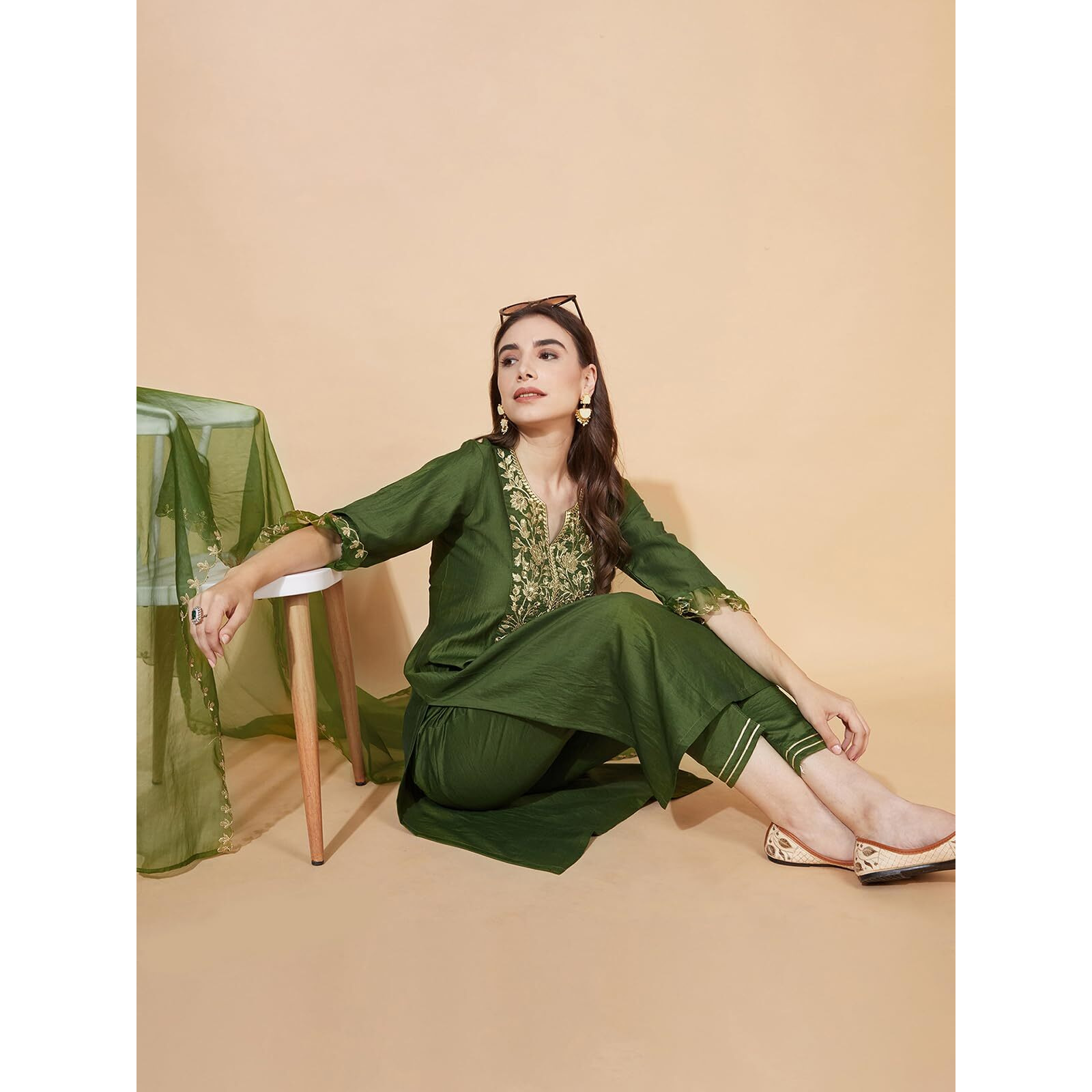 Sanisa Women's Chinnon Silk & Organza Sequence and Embroidery Work Straight Kurta with Pant and Dupatta Set (38KBD474NB-3XL_Green)
