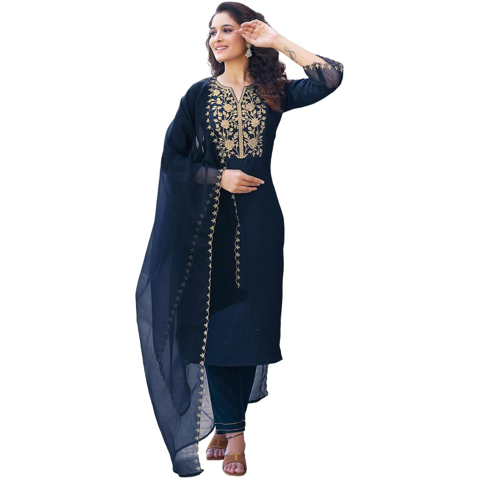 Sanisa Women's Chinnon Silk & Organza Sequence and Embroidery Work Straight Kurta with Pant and Dupatta Set (38KBD478NB-XL_Navy Blue)