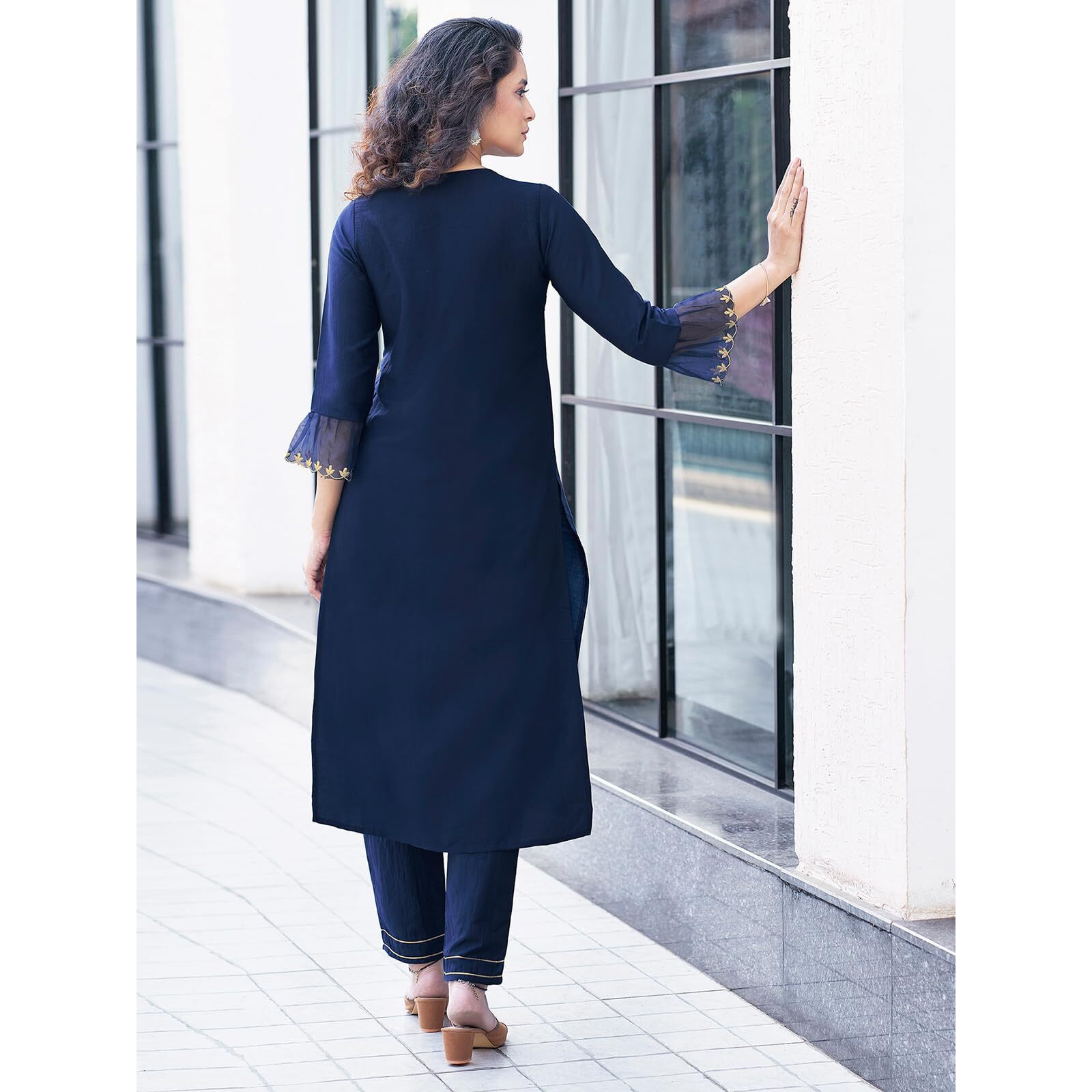 Sanisa Women's Chinnon Silk & Organza Sequence and Embroidery Work Straight Kurta with Pant and Dupatta Set (38KBD478NB-XL_Navy Blue)