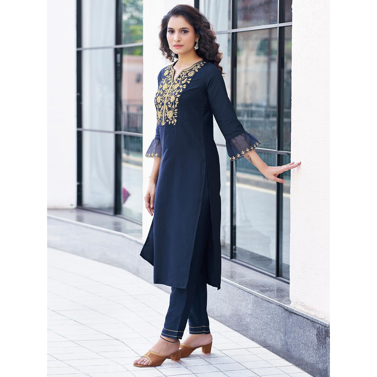 Sanisa Women's Chinnon Silk & Organza Sequence and Embroidery Work Straight Kurta with Pant and Dupatta Set (38KBD478NB-XL_Navy Blue)
