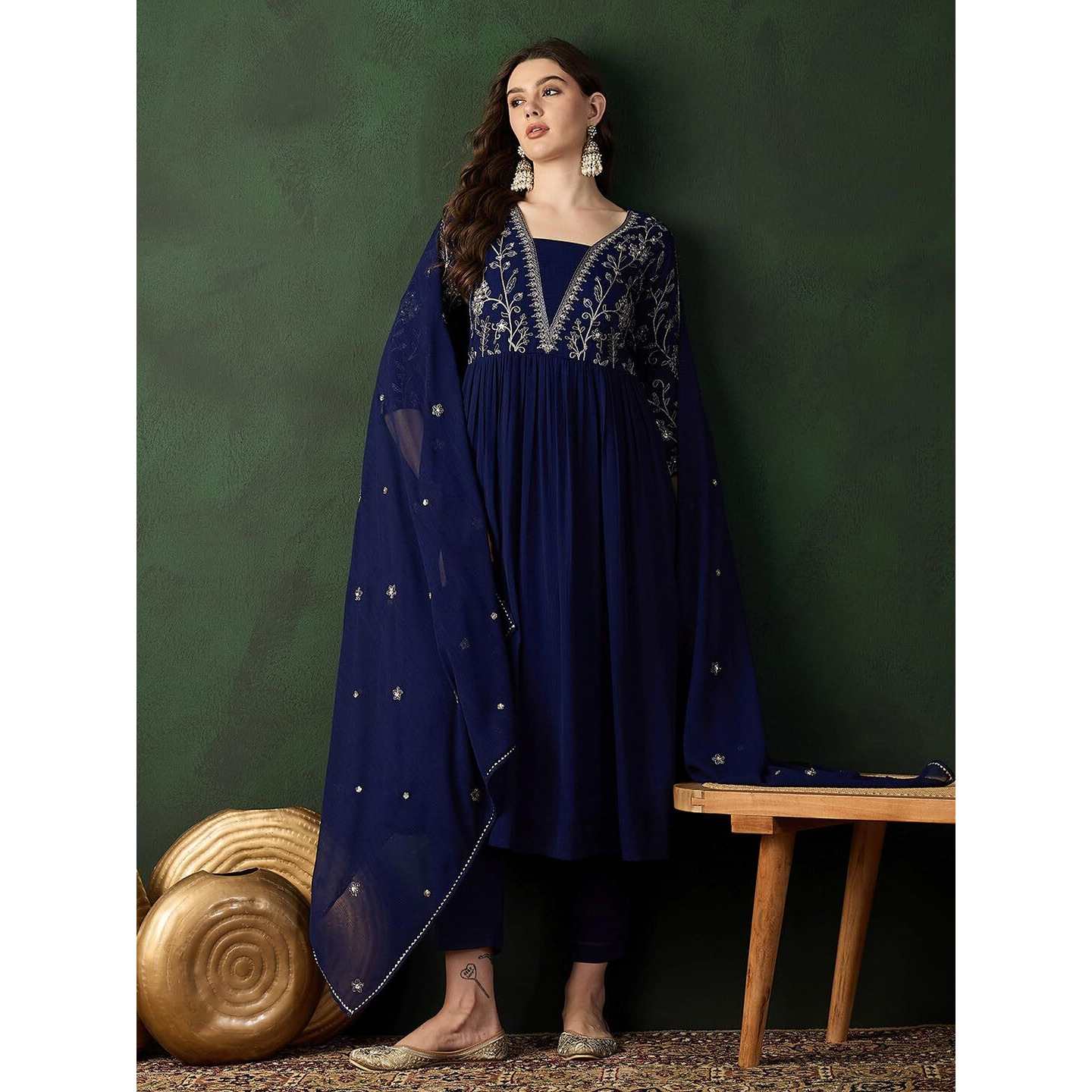 SheWill Navy Blue Zomatto Zari Sequence Embroidered Naira Cut Kurta with Pant and Dupatta |SHEKS10055_SMDR_M