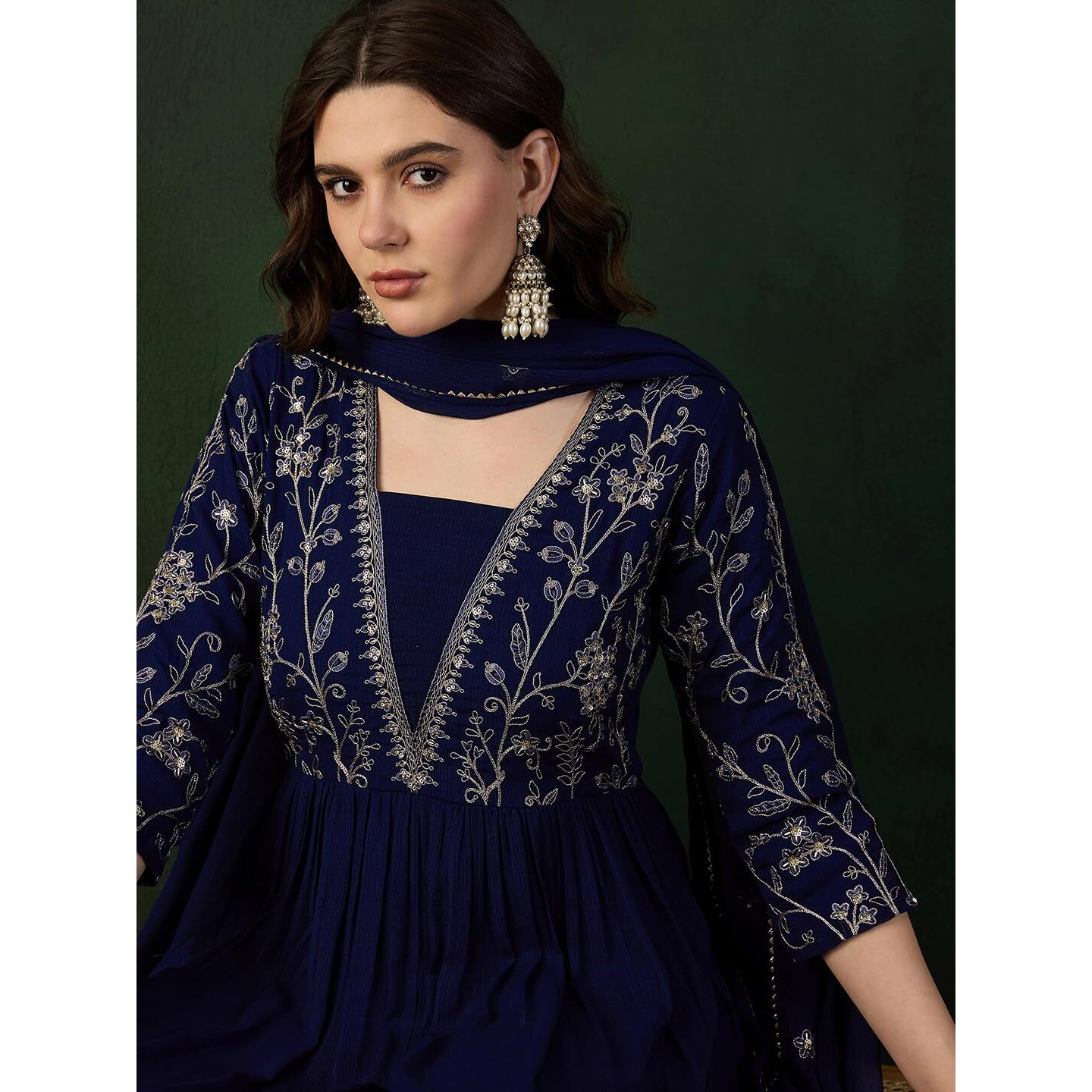 SheWill Navy Blue Zomatto Zari Sequence Embroidered Naira Cut Kurta with Pant and Dupatta |SHEKS10055_SMDR_M