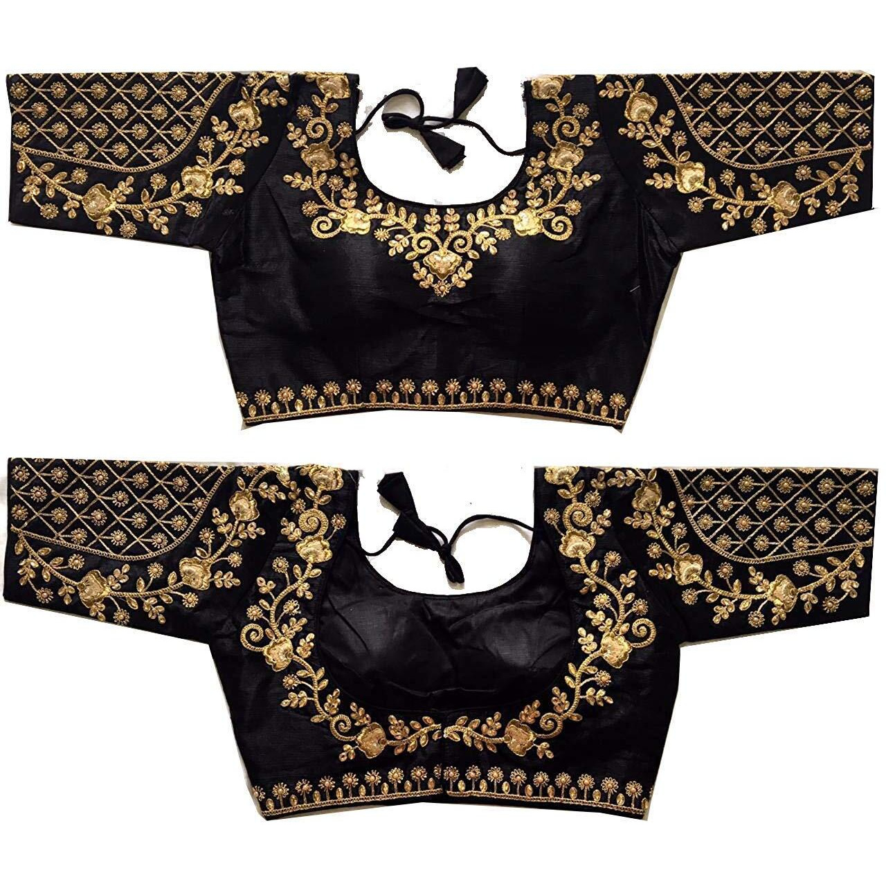Vihu Fashion Silk Women's Embroidery Handwork Thread Zari Stone Work Readymade Half Sleeve Blouse (Floral Half Sleeve Blouse Variation_Black_38)