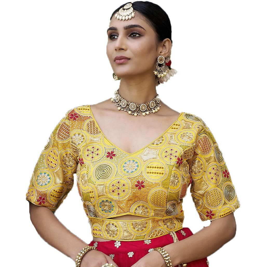Pujia Mills Women's Blouse Readymade Blouse Embroidery Multi Coding Gold Thread Blouses Handwork Yellow Color Readymade Saree Blouse for Women for Saree and Lehenga Choli (A2420 Yellow 32)