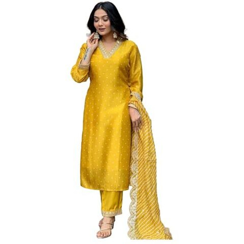 LookMark Women's Silk Blend Table Print Kurta Pant Set with Mal Cotton Digital Print Dupatta and Embroidery Work Suitable for Every Indian Occasion (AZ-LM-OG-KS2178 Yellow-XL)