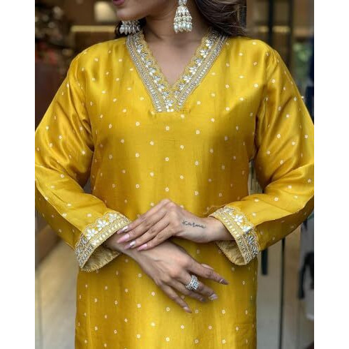 LookMark Women's Silk Blend Table Print Kurta Pant Set with Mal Cotton Digital Print Dupatta and Embroidery Work Suitable for Every Indian Occasion (AZ-LM-OG-KS2178 Yellow-XL)