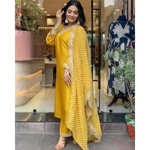 LookMark Women's Silk Blend Table Print Kurta Pant Set with Mal Cotton Digital Print Dupatta and Embroidery Work Suitable for Every Indian Occasion (AZ-LM-OG-KS2178 Yellow-XL)