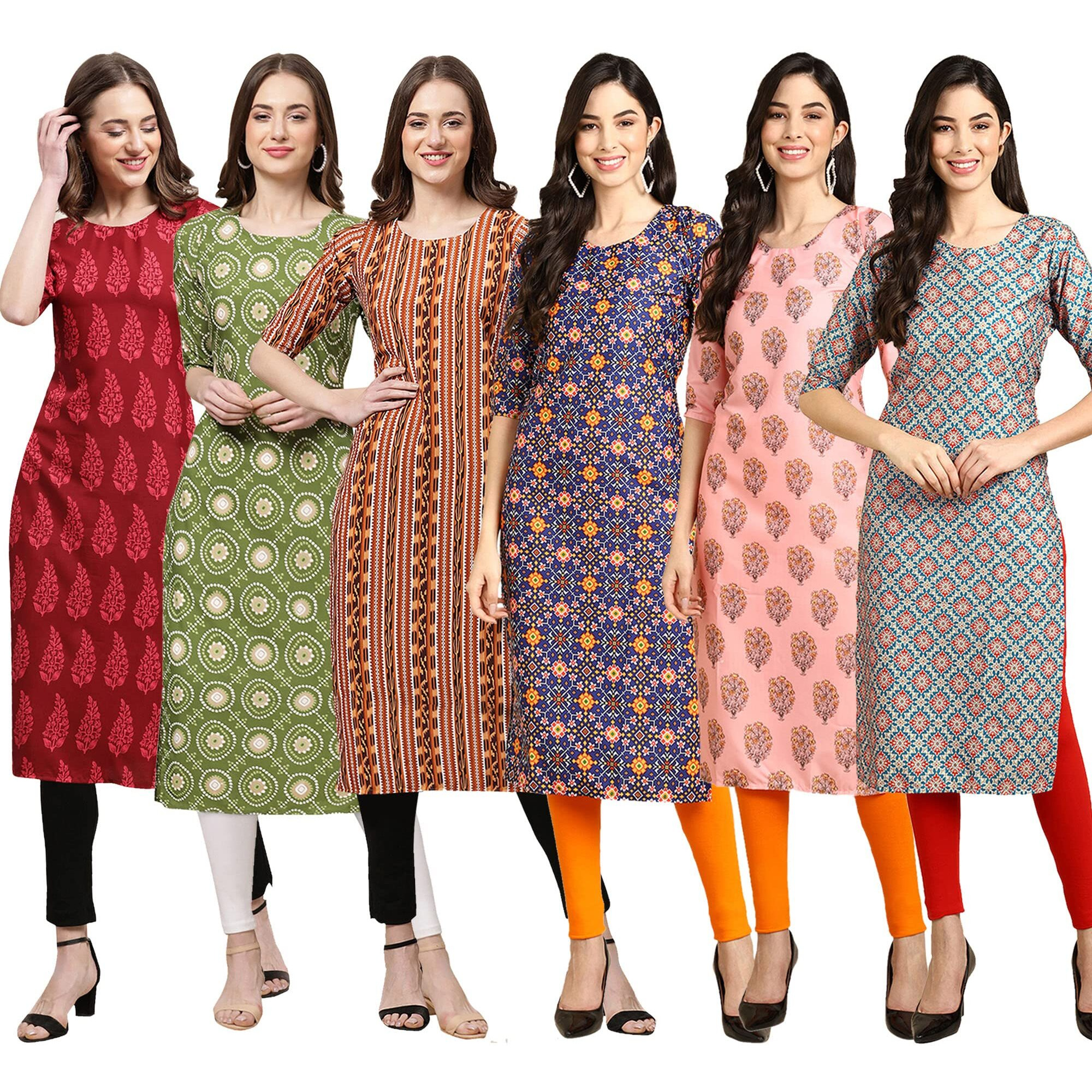 Pinkmint Women's Crepe Digital Print Straight Kurta Pack of 6 [CR-337-338-344-369-368-372-L]